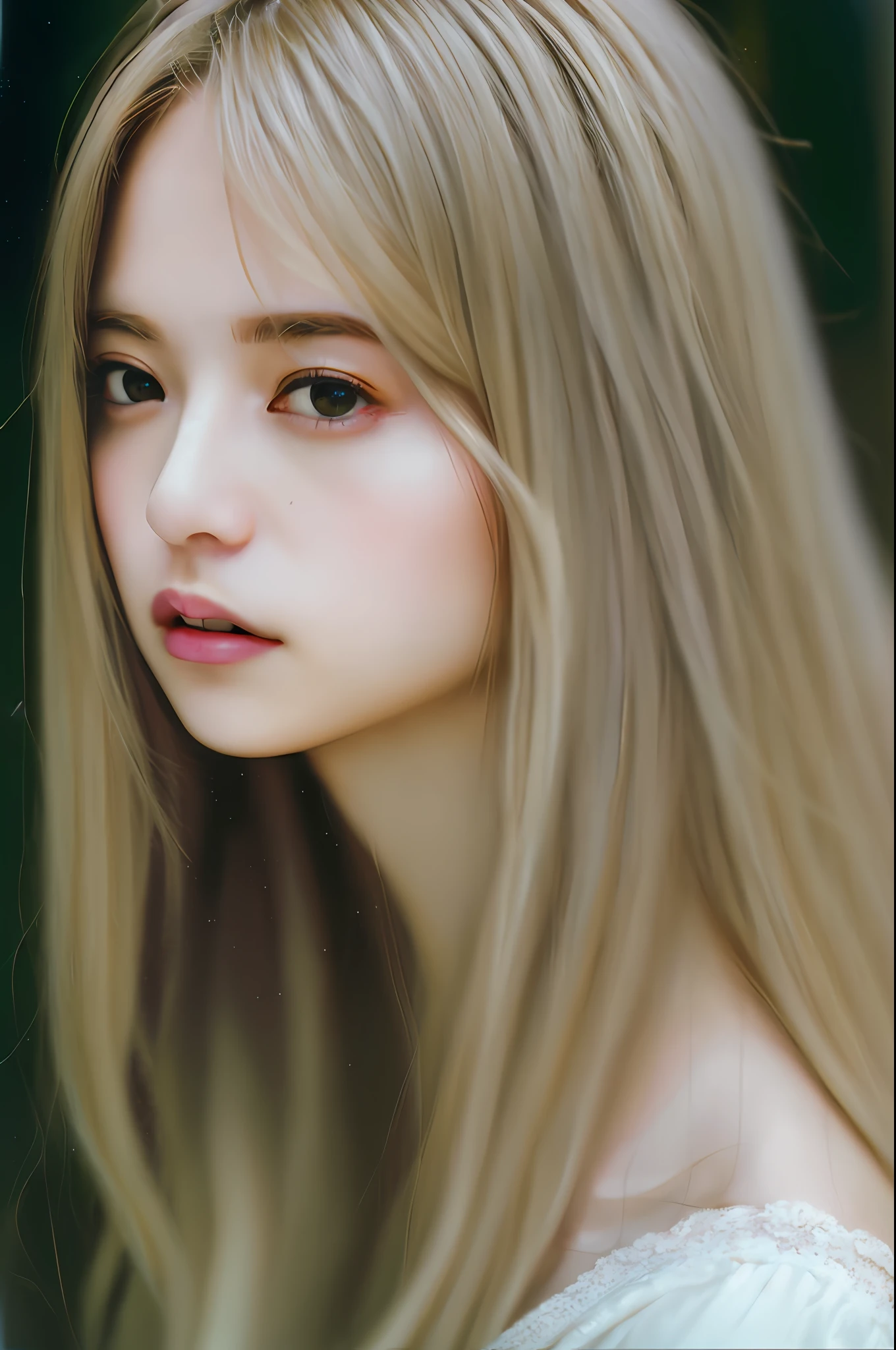 Stunning close-up portrait of a young and beautiful woman with RAW, analog style and impressive features. She must have long, flowing blonde hair, a seductive gaze, and a charming look. The background is neutral and simple, allowing the woman to be the focal point of the image. Pay attention to details, such as highlights and shadows on her face and hair, to create realistic and realistic images. Experiment with different lighting techniques to enhance the mood and atmosphere of your portrait. The final product should be a masterpiece that captures the essence and beauty of women ((Highly detailed skin, skin details)), Sharp Focus, Volumetric Fog, 8K, UHD, DSLR, High Quality, Film Grain, Fujifilm XT3