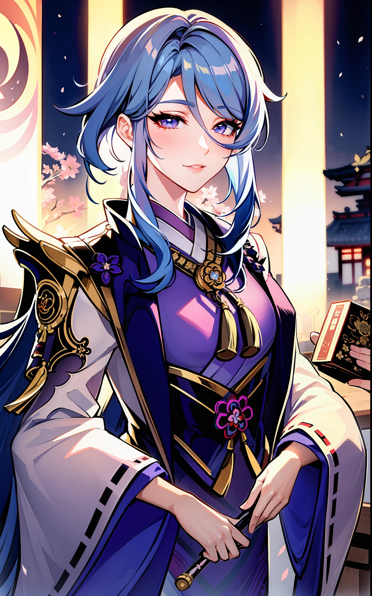 (masterpiece:1.2), (best quality:1.2), ayato(genshin impact) perfect eyes, perfect face, midium hair, volumetric lighting, 1girl, mature female concubine wearing kimono, blue hair, traditional Japanese hairdo, blue clothes, calm smile, beautifully detailed eyes, midium breasts, floral pattern, detailed pattern, silk, embroideries, makeup, thick eyelashes, standing in a Japanese garden, detailed background, mouth closed, well detailed kimono, long sleeves