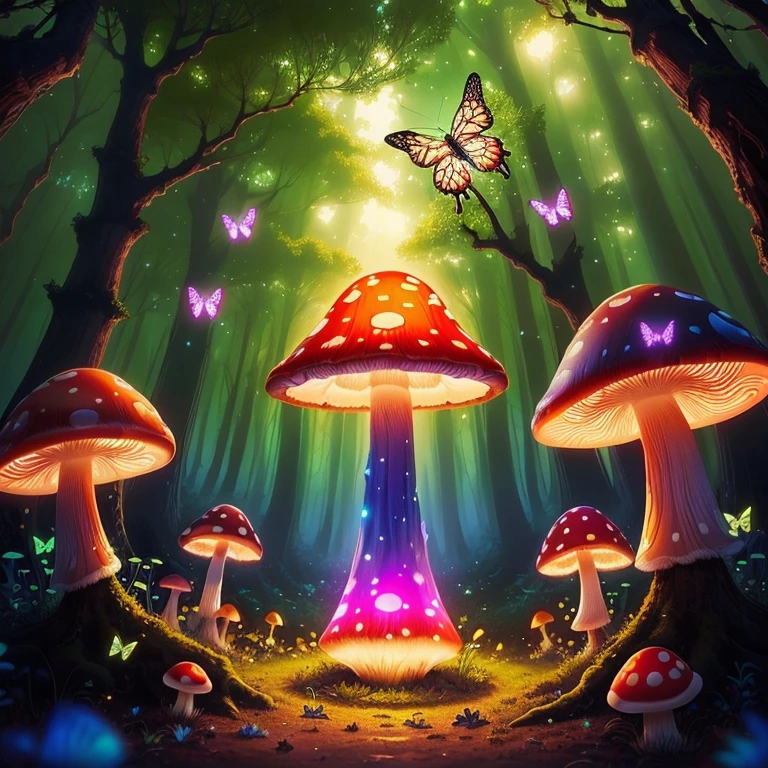Magic glowing mushroom in a magical forest, detailed, butterflies flying around, ants crawling around