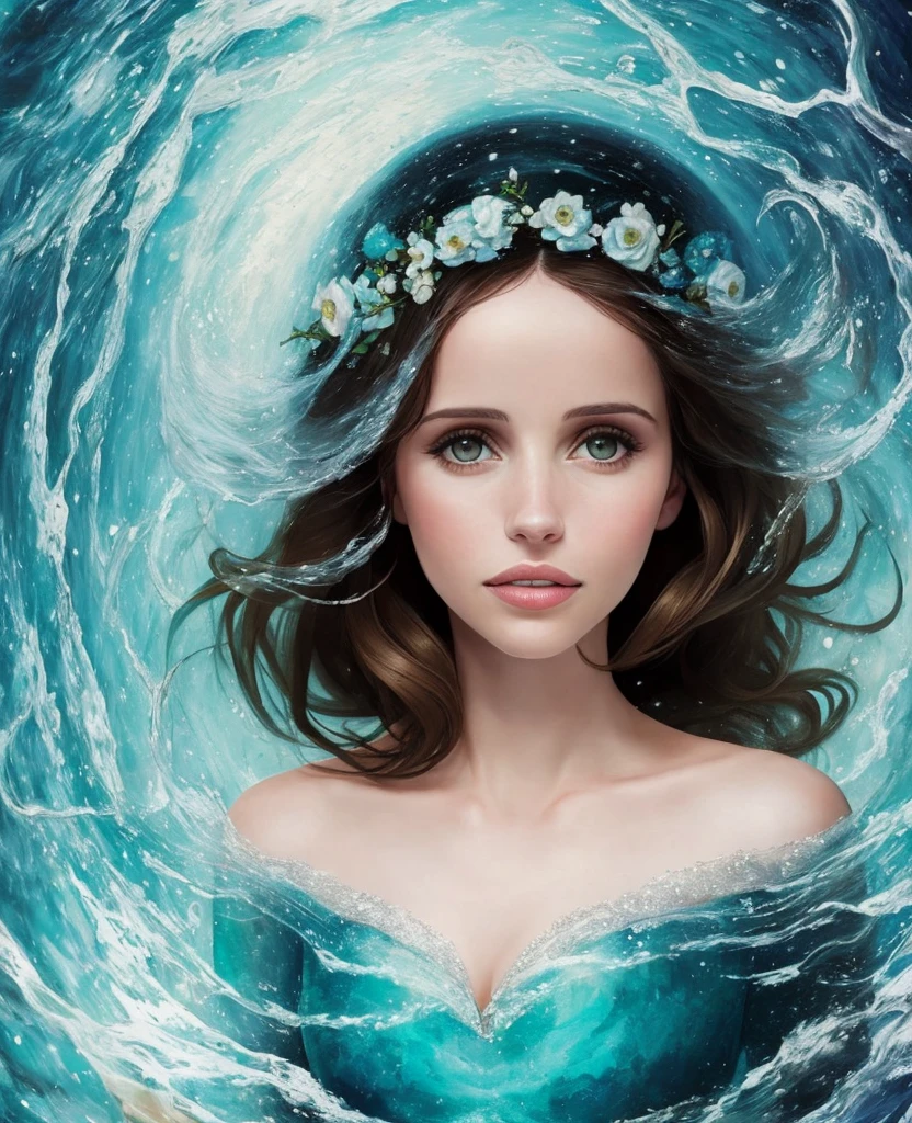 Detailed portrait of felicity jones, Beautiful woman floating in espiral, with a aqua fantasy dress, masterpiece, best quality