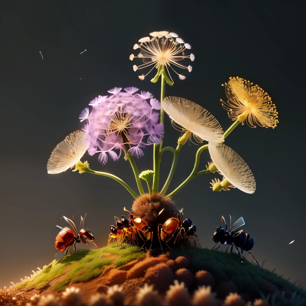 In this cute colony of ants, there are small ants in the surrounding environment.
A beautiful glowing rainbow in the sky.
Dandelion seeds floating. Next to the anthill, a tree of Sakura.
16k, UHD, Animation, Realistic