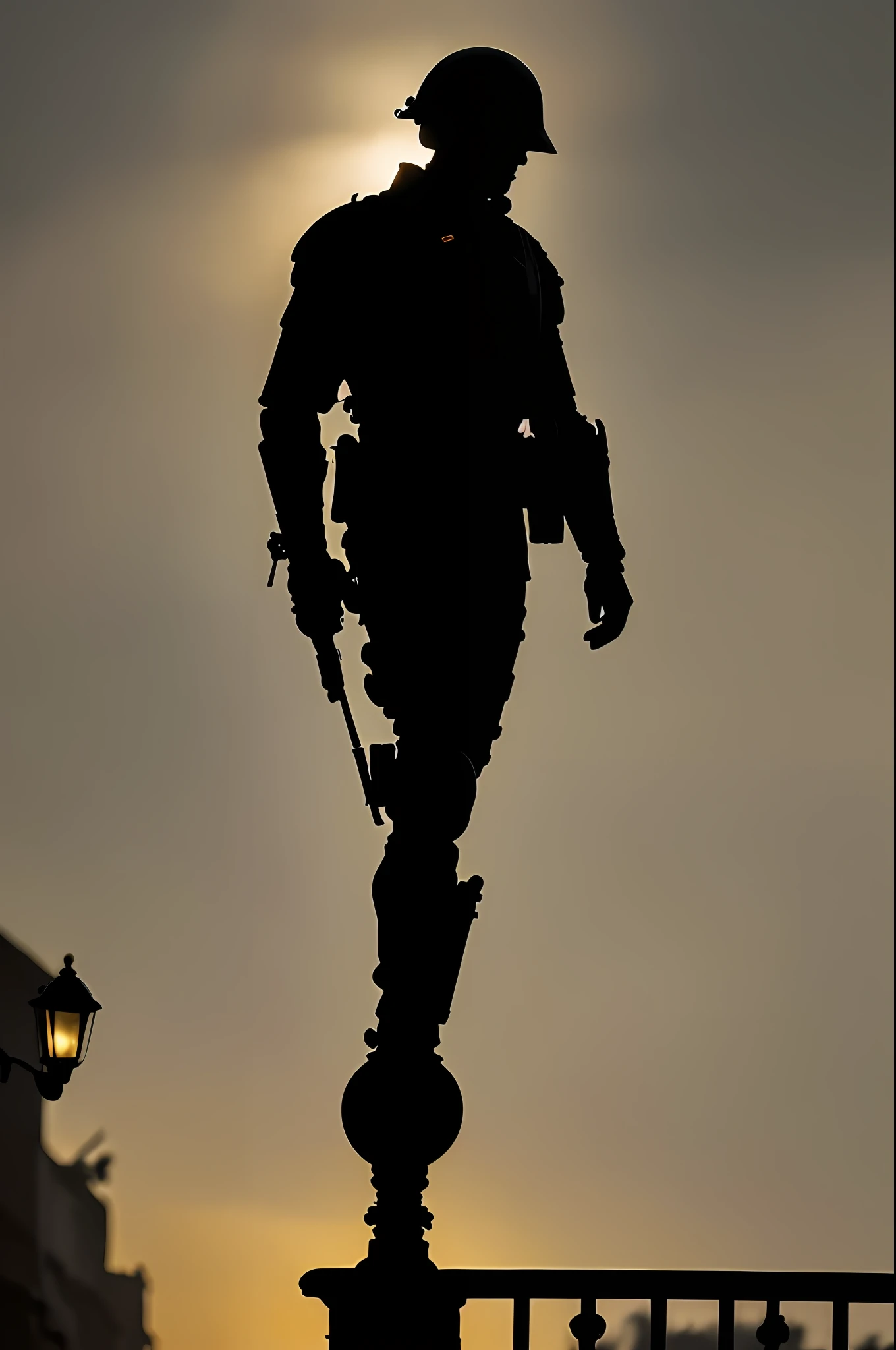 (@"masterpiece", "high quality", "great lighting", "soldier figure", "orange color", "intense night", "full moonlight", "dark street", "lamppost", "beyond the dark street", "sinister silhouette in backlight", "mysterious atmosphere")