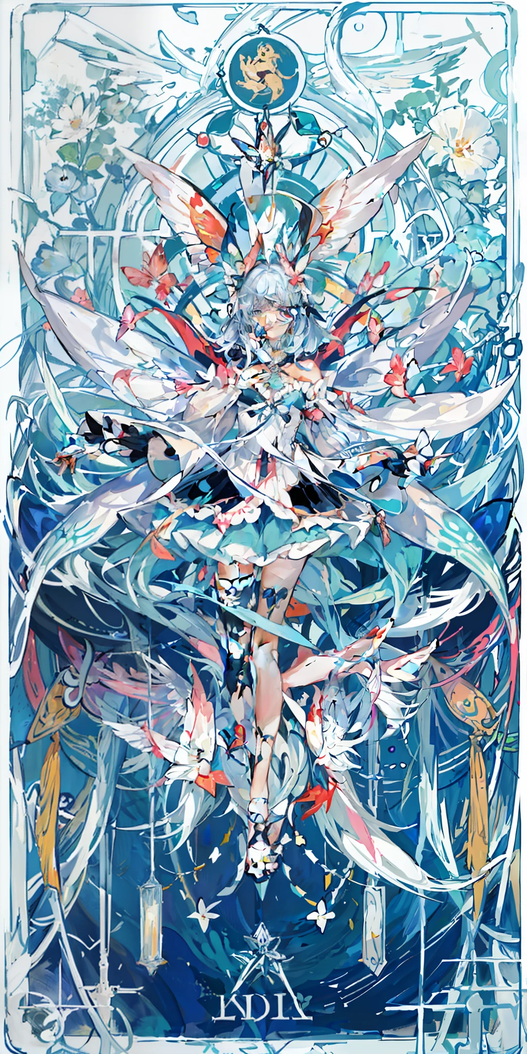 (Golden Ratio: 1.2), (Rose Graffiti: 1.2), (Fault Color: 1.3), [(White Background: 1.4): : 10], (Full Body: 1.2), (Ultra Fine: 1.3), (Tarot: 1.6), (Magician (Tarot): 1.6), (Paper: 1.2), (Leprechaun: 1.6), (Fairy Wings: 1.2), Full Body, Hanging, (Cool: 1.2), (Red Long Hair), (Butterfly Hair Ornament), (Flower Hair Ornament: 1.0), (Sandals, Pendants )), (Colorful cocktail dress: 1.0) + (Loose sleeve jacket: 1.3) + (Fluttering colored tassels and ribbons: 1.2), (White stockings: 1.2), (Colored ink paper flowers: 1.2), (Colorful flowers: 1.3), (Chaotic geometry: 1.3), (Negative space: 0.8), (Artboard: 1.3), (Ethernet ink flow: 1.3)