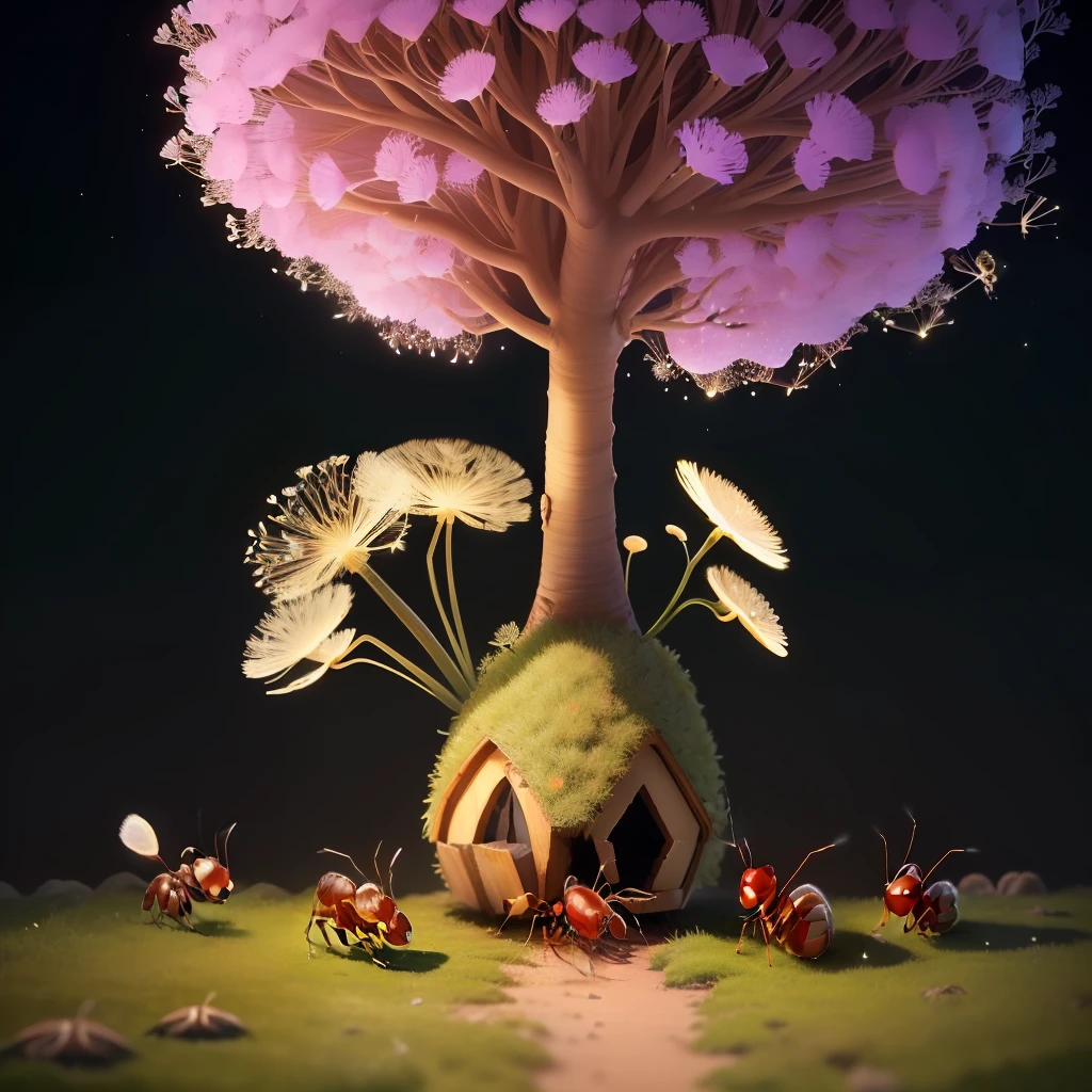 In this cute colony of ants, there are small ants in the surrounding environment.
A beautiful glowing rainbow in the sky.
Dandelion seeds floating. Next to the anthill, a tree of Sakura.
16k, UHD, Animation, Realistic
