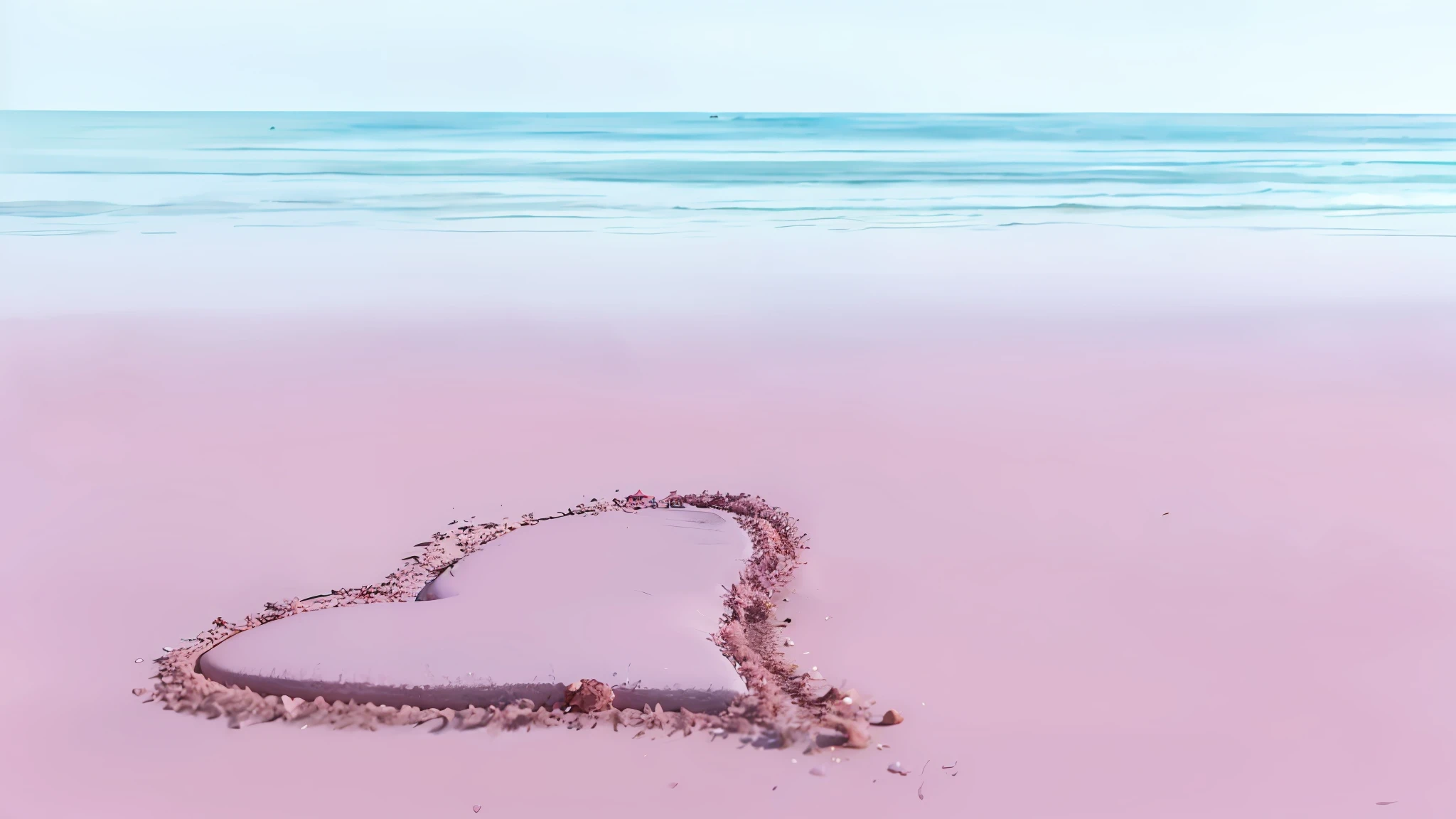 a heart drawn in the sand on a beach with the ocean in the background, looking out at a pink ocean, beautiful background, love is begin of all, beautiful wallpaper, beach aesthetic, love os begin of all, sand and sea, shades of pink and blue, hd wallpaper, high-quality photo, it's is relaxing on a beach, beautiful photo