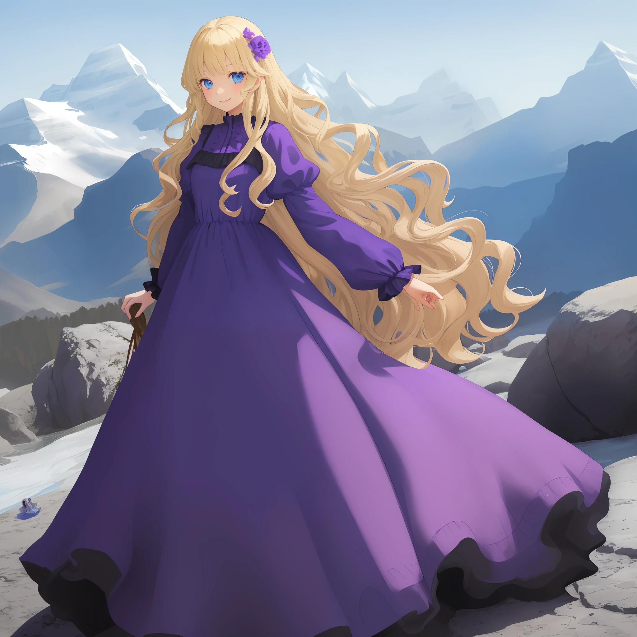 princess, big blue eyes, adjust and improve eye definition, smile, wavy long hair, blonde, long dress in violet color with white details, mountains, rocks, creek