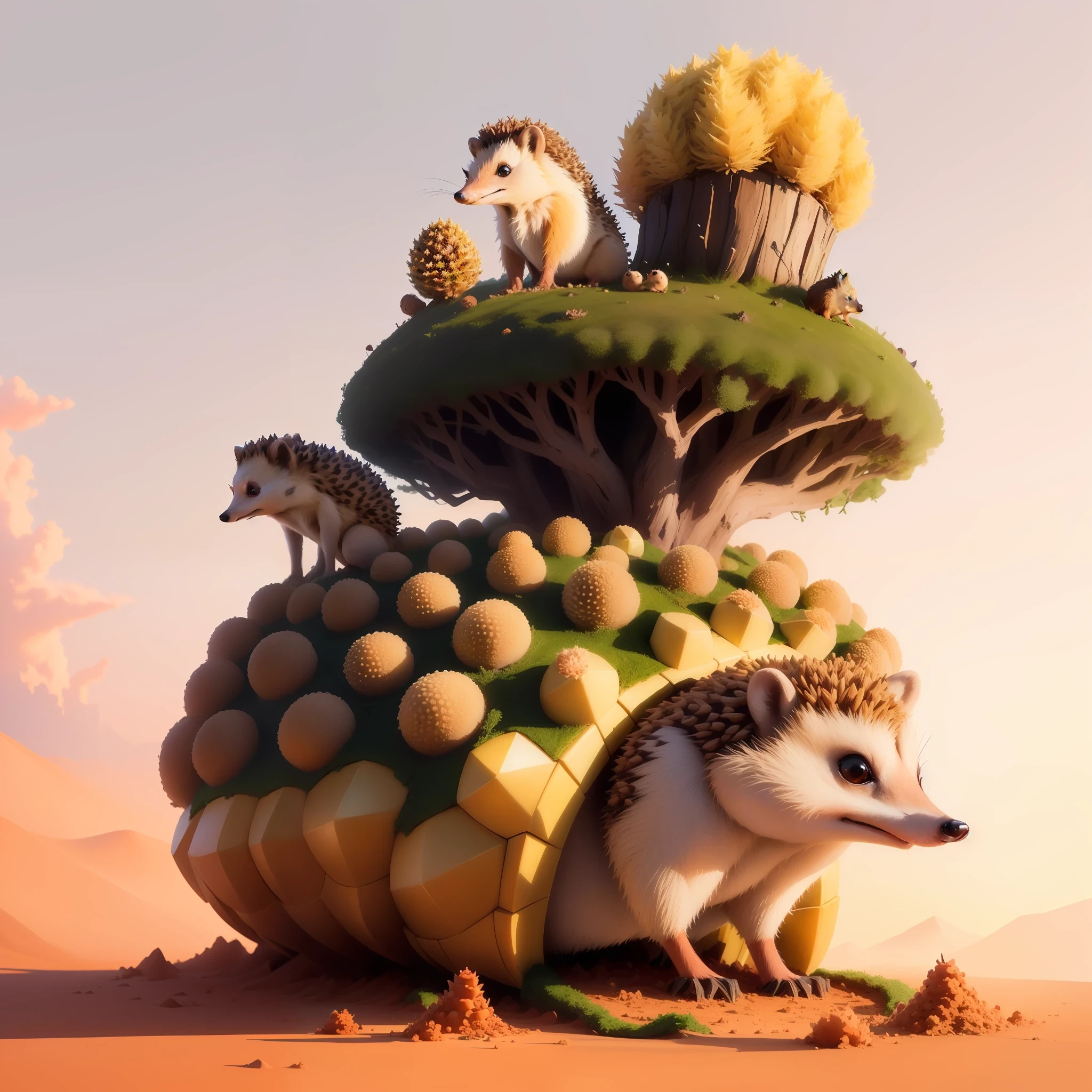 Anthill with a mother hedgehog on top, semi-realistic