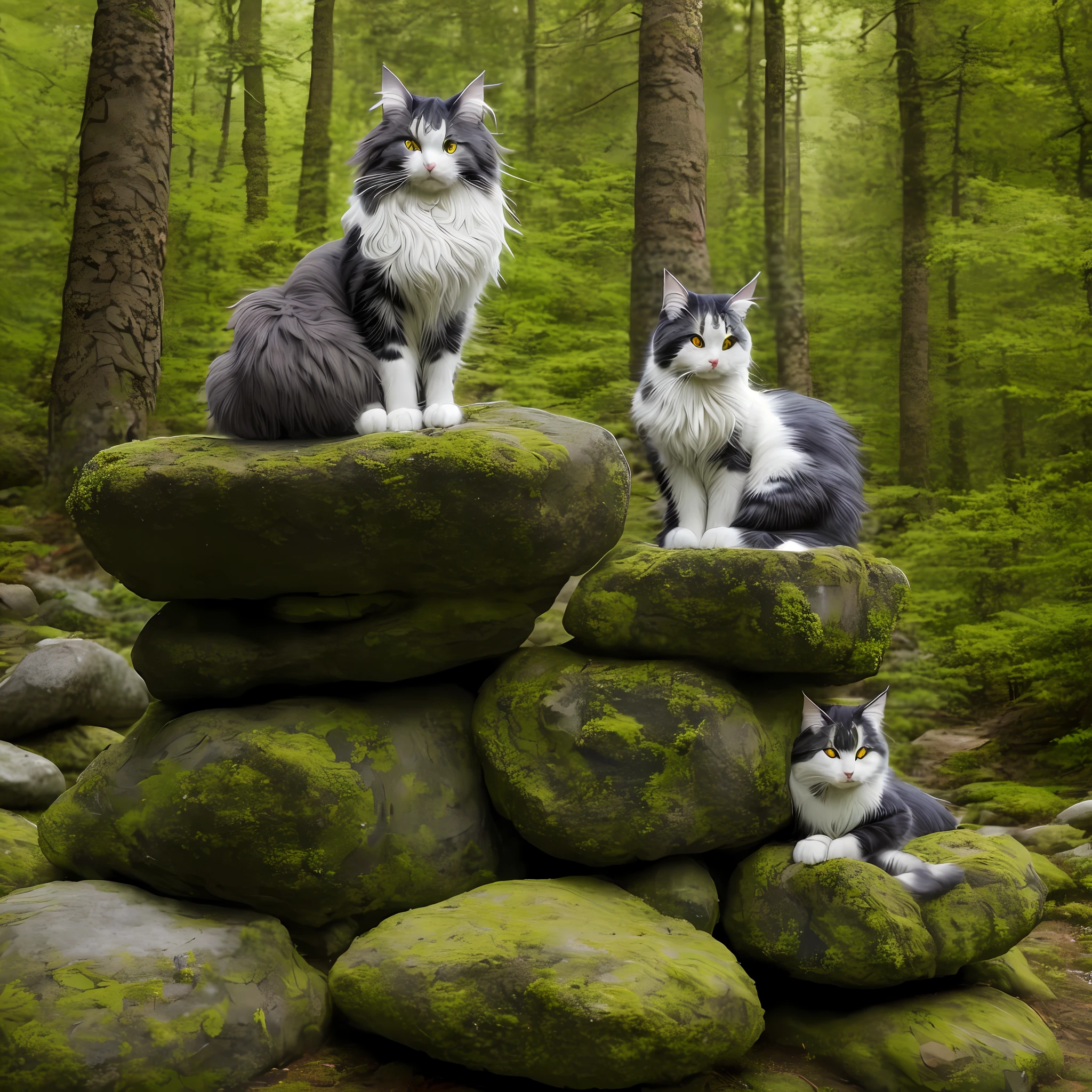 A single Norwegian Forest cat sitting on a stone in a mythical Forest