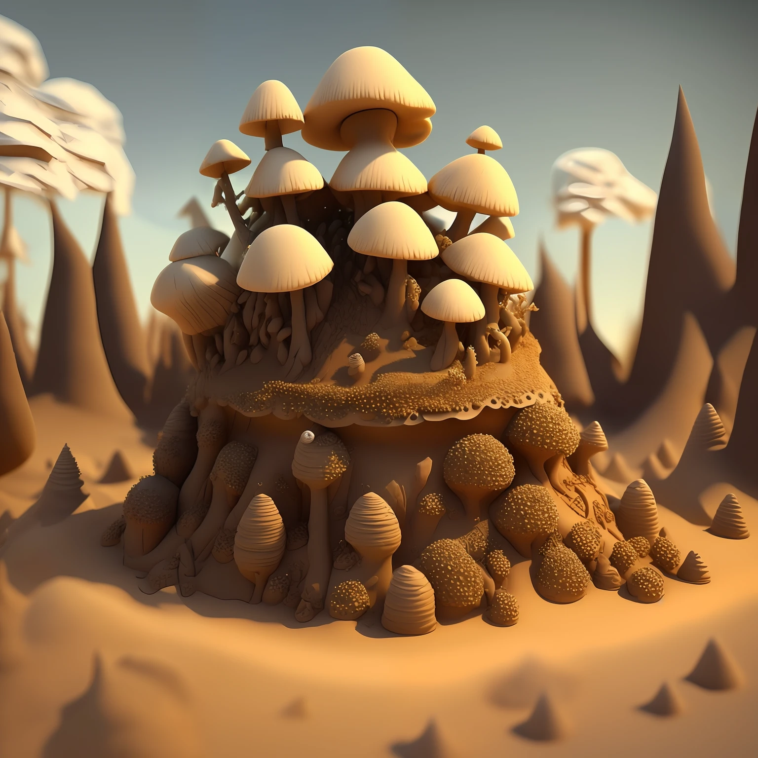 An 3D anthill made of sands and big toadstool , forest atmosphere