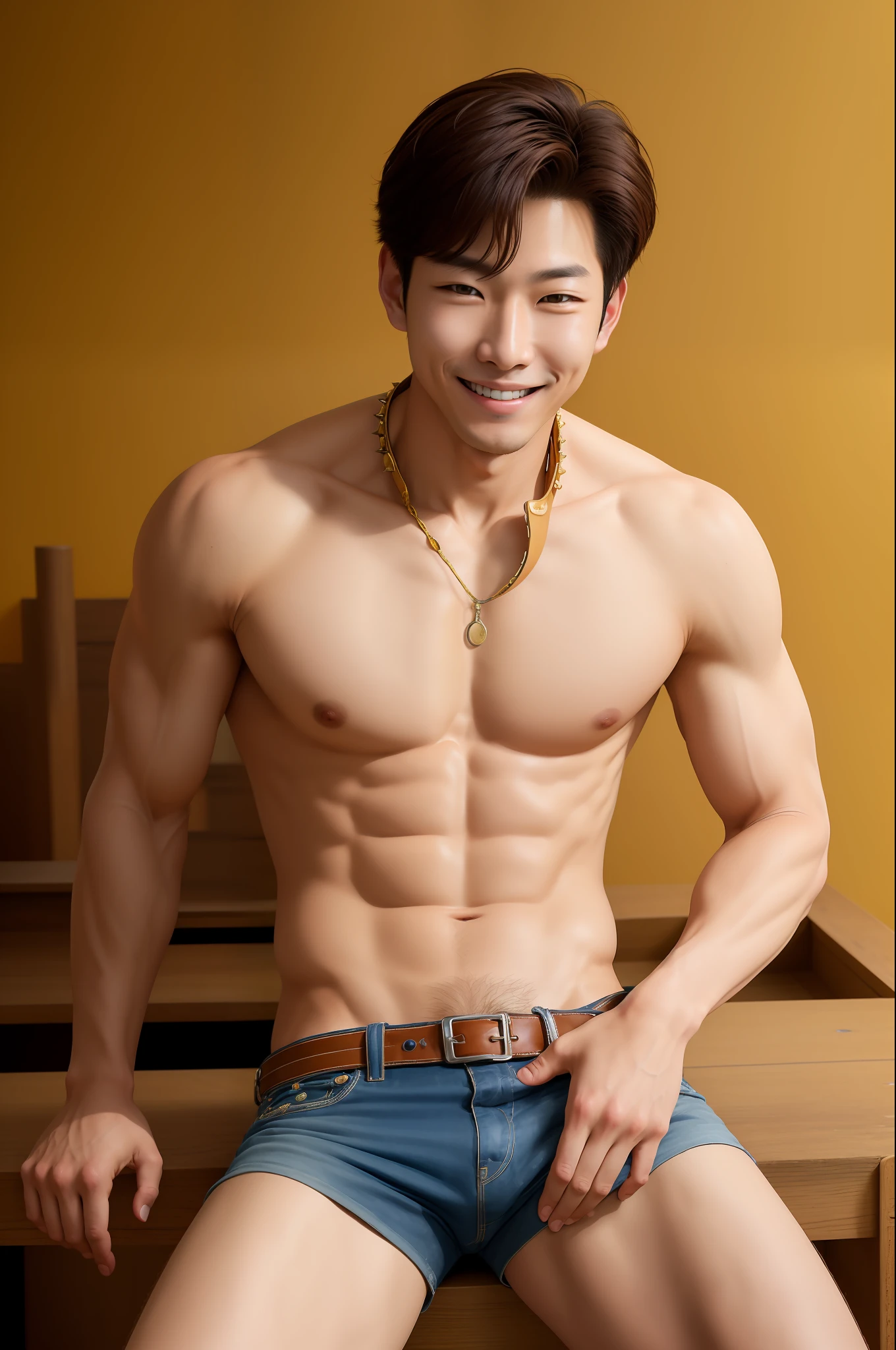 (masterpiece, best quality:1.2), cowboy shot, solo, male focus, 1boy, young Korean, Kim Namjoon, smile, closed mouth, look at the viewer, hand on thigh, spiked hair, collar, panties,