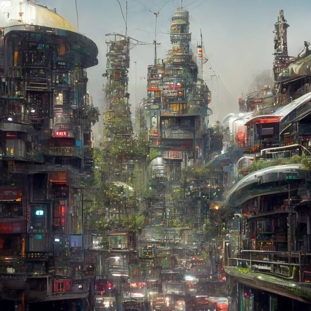 "Yangon"), (Prompt B: "Digital City"), (Prompt C: "Dieselpunk")