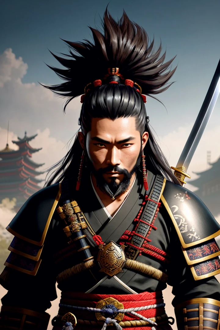 there is a man with a sword and a beard in a photo, portrait of a cyberpunk samurai, hyperdetailed fantasy character, yasuke 5 0 0 px models, samurai portrait, cyberpunk samurai, fantasy character octane render, akihiko yoshida. unreal engine, unreal engine character art, 8k portrait render, portrait of a samurai warrior, inspired by Hu Zaobin