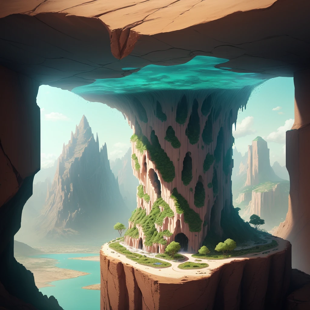 It has poisonous air surrounded by transparent barriers and was once a habitat for ants, the nest is made of bricks, the shape of the nest is lumpy like a mountain, the edges are covered with desert and are about to collapse, the wind is blowing and the sand is fluttering, a small amount of turbid water flows like a waterfall from the nest, but it will only be a matter of time before it dies, and around the waterfall there are plants that are about to die