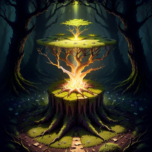 glowing moss broken stump hollow anthill singular realistic