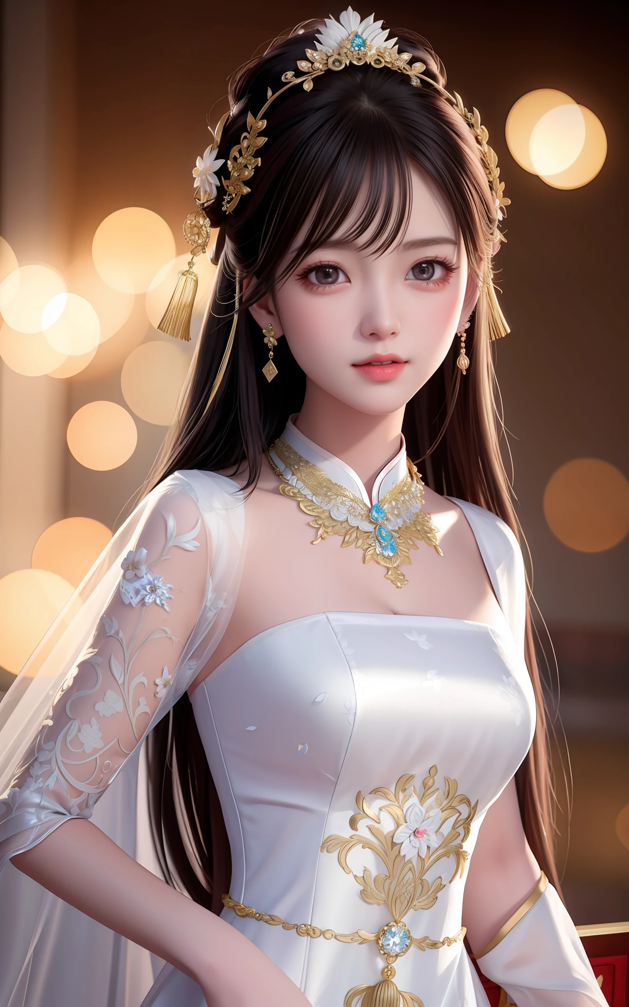 best quality, masterpiece, highres, 1girl,china wedding  dress,hair ornament,necklace, jewelry,Beautiful face,upon_body, tyndall effect,photorealistic, dark studio, rim lighting, two tone lighting,(high detailed skin:1.2), 8k uhd, dslr, soft lighting, high quality, volumetric lighting, candid, Photograph, high resolution, 4k, 8k, Bokeh