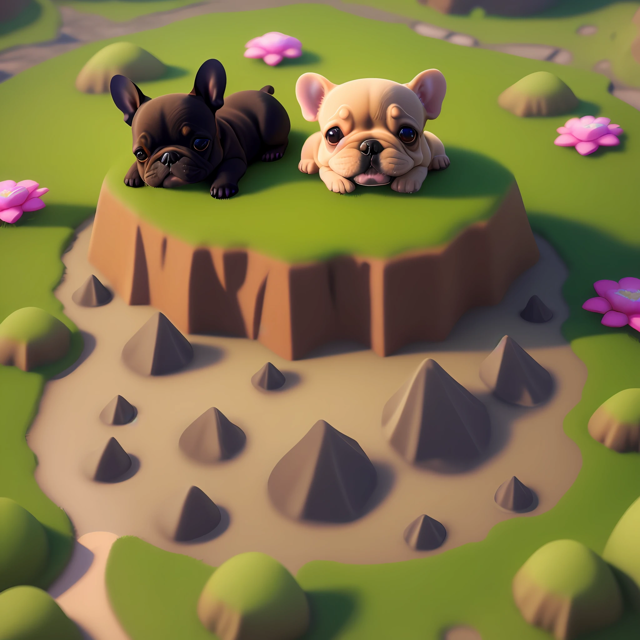 isometric 3D, isometric anthill, isometric view, French Bulldog, Puppy, play, lots of ants, Flowers