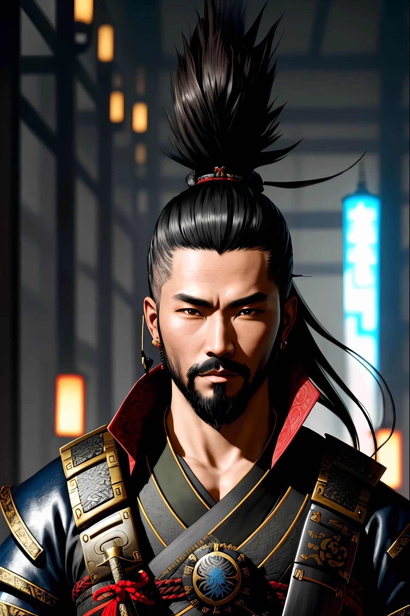 there is a man with a sword and a beard in a photo, portrait of a cyberpunk samurai, hyperdetailed fantasy character, yasuke 5 0 0 px models, samurai portrait, cyberpunk samurai, fantasy character octane render, akihiko yoshida. unreal engine, unreal engine character art, 8k portrait render, portrait of a samurai warrior, inspired by Hu Zaobin