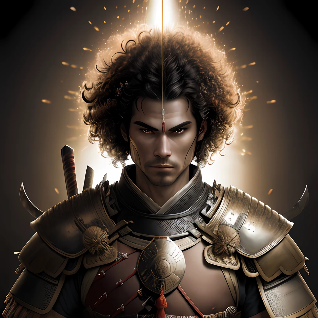 1 White Brazilian man is warrior in Japanese castle, wearing samurai armor, curly hair, drop shadow, halftone, vanishing point, diffraction peaks, f/1.8, Nikon, high detail, UHD, masterpiece, best quality, highres, 16k