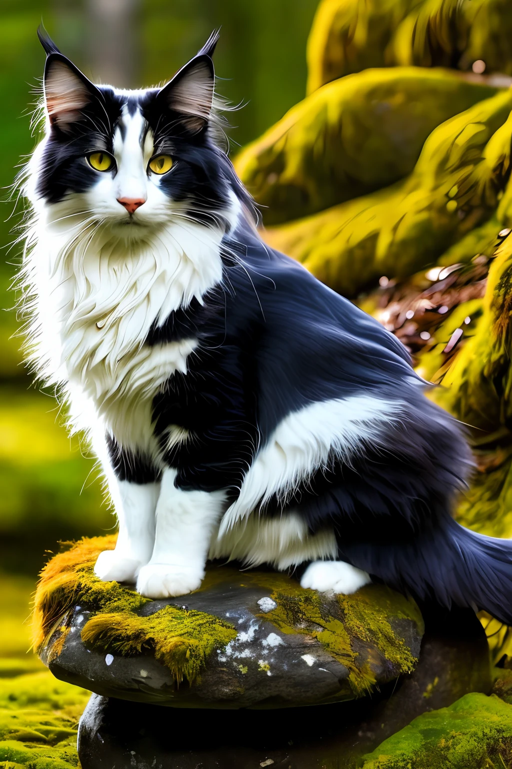 friendly looking Norwegian Forest cat sitting on a single stone covered by moss in a mythical Forest