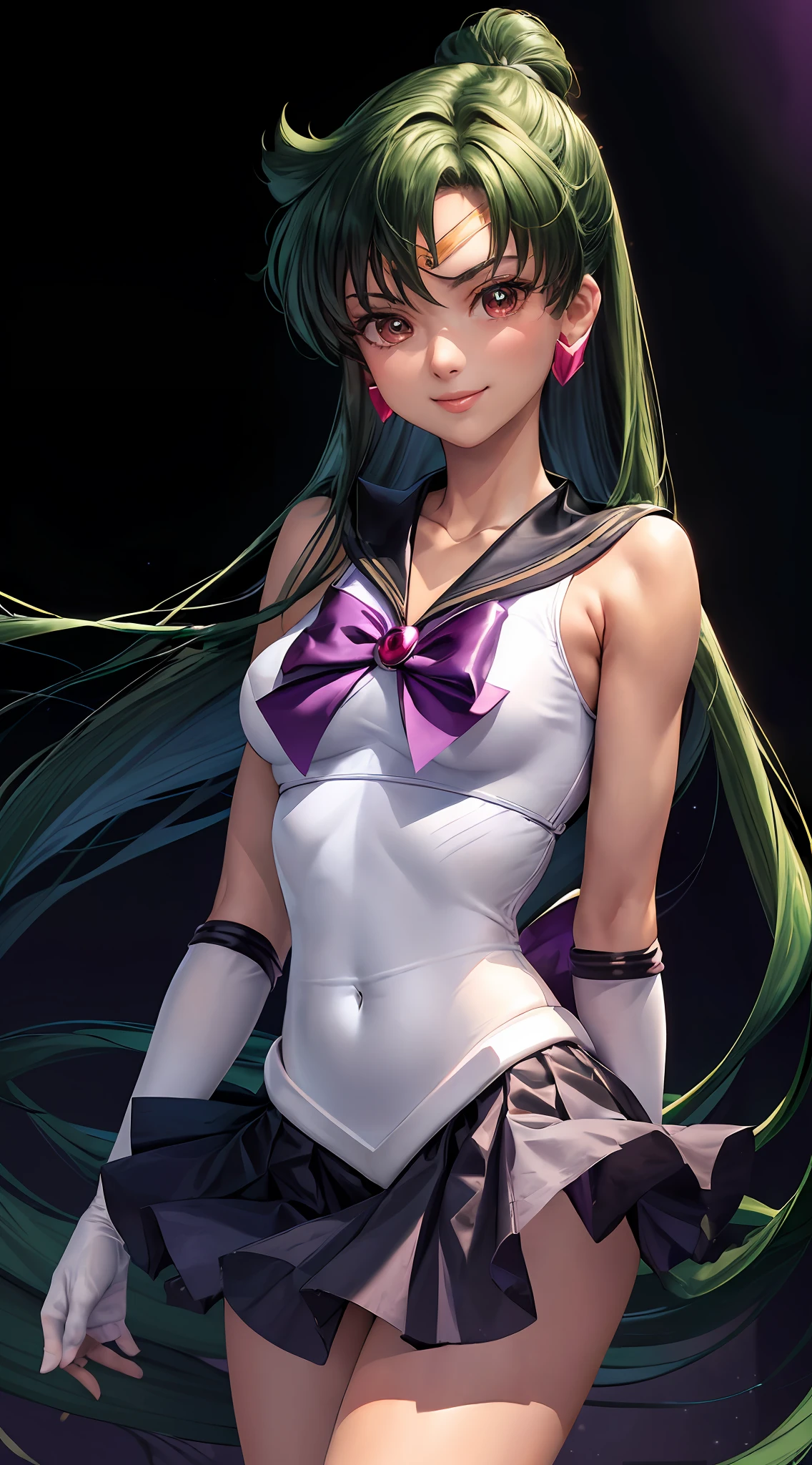 Masterpiece, Best Quality, High Resolution, 1girl, Solo, Ponytail, Green Hair, (Elbow Gloves), Headdress, Purple Bow, Tight Top, (Black Sailor Collar), White Gloves, Earrings, Smile, Pure Background, Clean Background, Purple Background, Black Skirt, (Sailor Mars Uniform), (Sailor Venus Uniform), Standing, Leng Jun, White Top, Elbow Gloves, Long Skirt