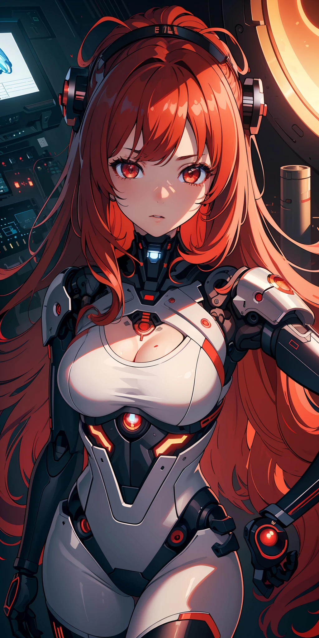 (masterpiece:1.2, best quality), (extremely detailed CG unity 8k wallpaper, masterpiece, best quality, ultra-detailed, best shadow), (finely detailed beautiful eyes: 1.2), (1 girl), ((cyborg, high-tech)), (long crimson hair:1.2)