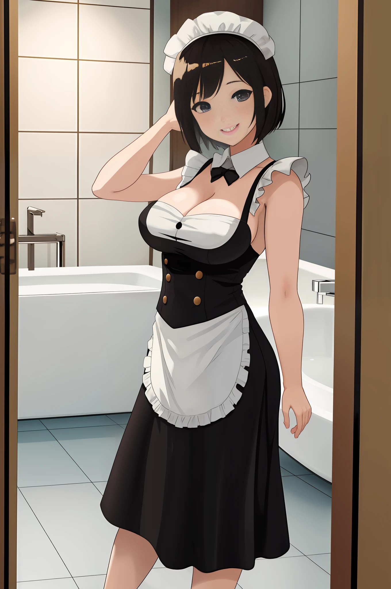 1 woman/old maid outfit with maid cap/tight on body, Max resolution/detail/quality/sharpness. Unreal Engine 5, Disney/Anime style, short straight hair, huge breasts1, extremely wet clothing, looking at the viewer, smiling, exhibitionist pose, smiling, showing off to the viewer, inside a bathroom in front of a bathtub of a luxury hotel room.