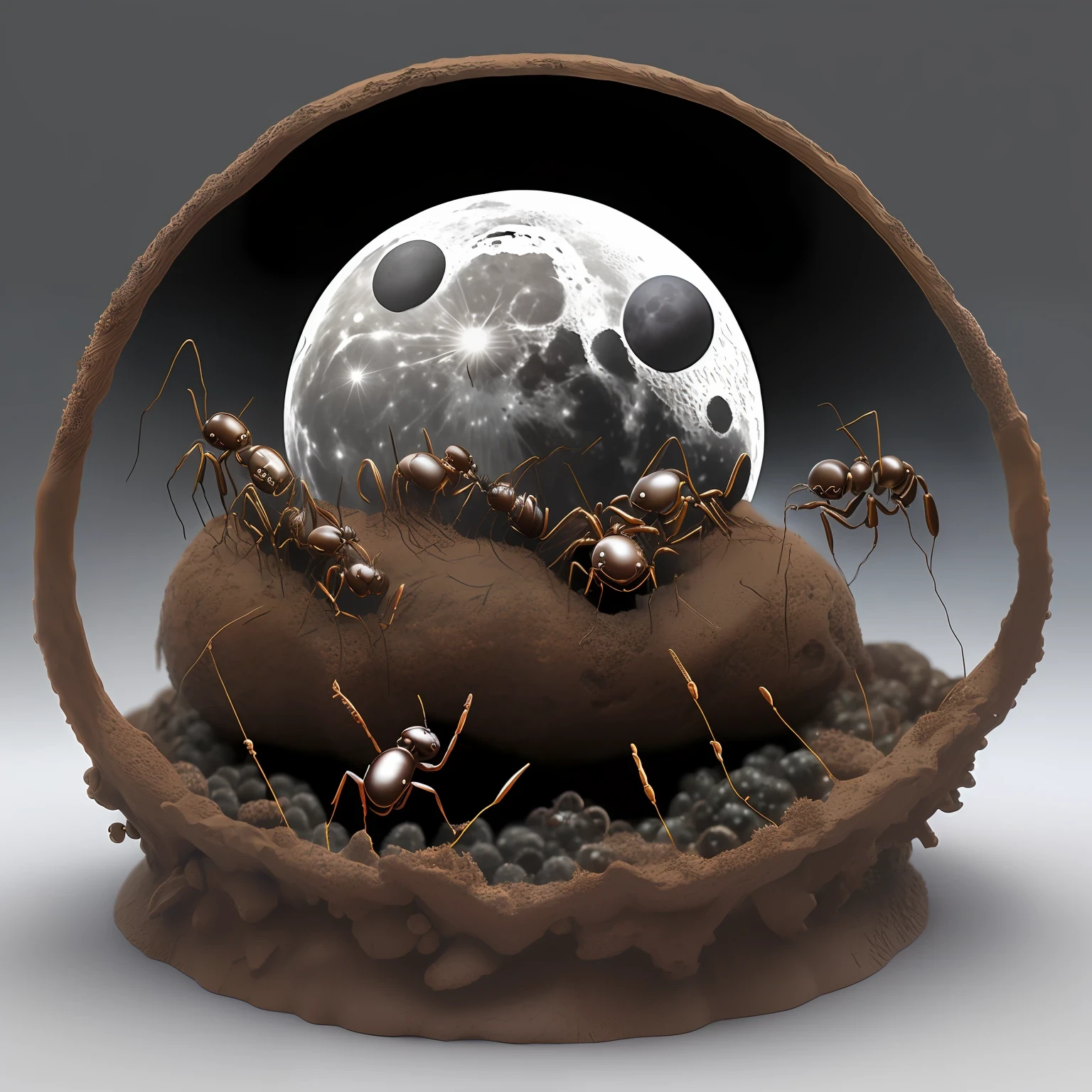 3D an anthill in the form of a full moon, ants bearing berries look out of the craters