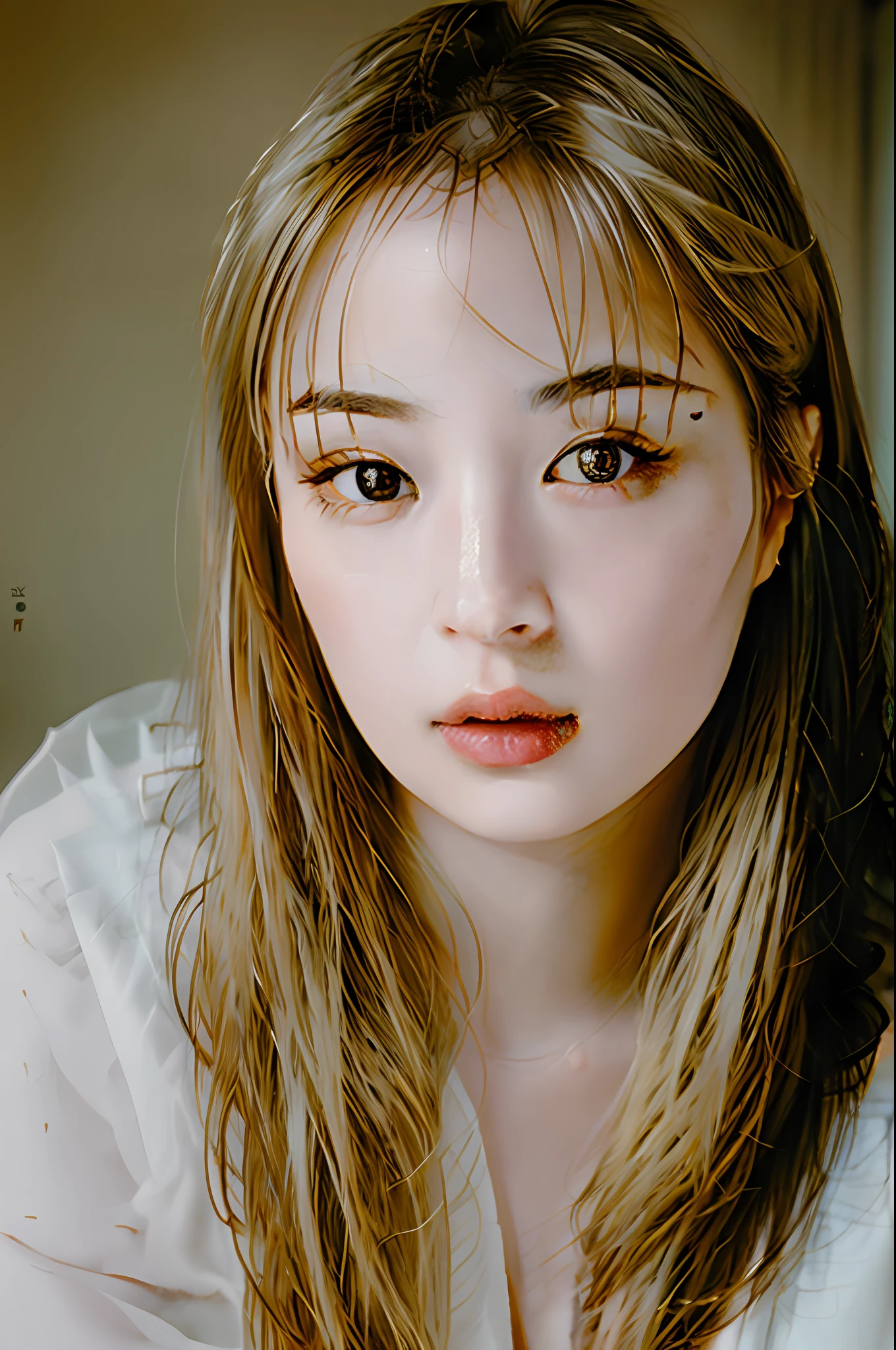 Stunning close-up portrait of a young and beautiful woman with RAW, analog style and impressive features. She must have long, flowing blonde hair, a seductive gaze, and a charming look. The background is neutral and simple, allowing the woman to be the focal point of the image. Pay attention to details, such as highlights and shadows on her face and hair, to create realistic and realistic images. Experiment with different lighting techniques to enhance the mood and atmosphere of your portrait. The final product should be a masterpiece that captures the essence and beauty of women ((Highly detailed skin, skin details)), Sharp Focus, Volumetric Fog, 8K, UHD, DSLR, High Quality, Film Grain, Fujifilm XT3