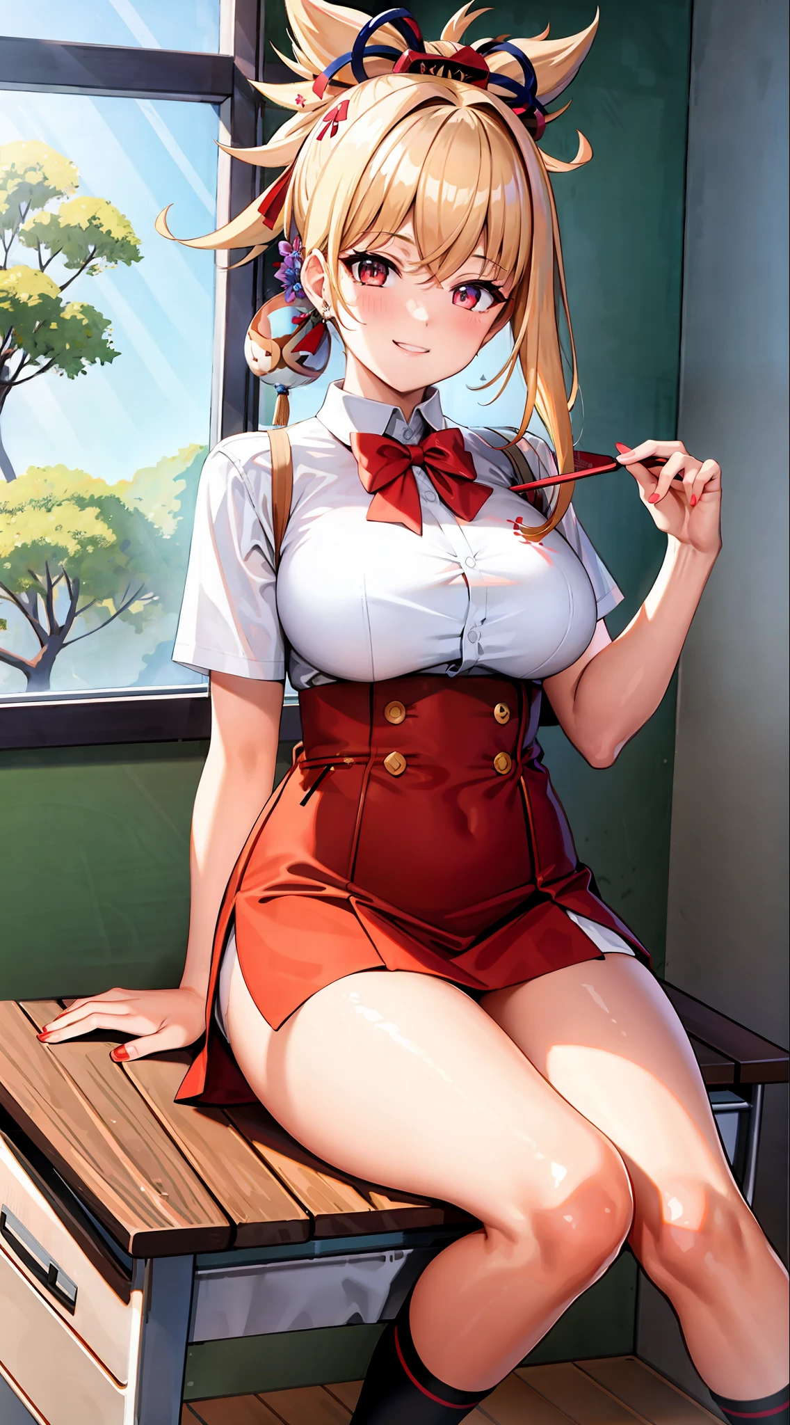 ((masterpiece)), (((best quality))), ((ultra-detailed)), (wallpaper), 8k, HD, absurdres, highres, highly detailed background, indoor, (hand of Guido Daniele), CG, (yoimiya \(genshin impact\)), 1girl, blonde hair, bangs, hair ornament, asymmetrical hair, sidelocks, (amazing beautiful eyes), (amazing detailed eyes), orange eyes, school uniform, white shirt, short sleeves, tight shirt, red ribbon, medium skirt, medium breasts, beautiful hands,, nail polish, orange nails, tattoo, long socks, smiling, full body, sitting on classroom bench, looking at viewer, in classroom, glass windows, cherry blossom trees outside windows,
