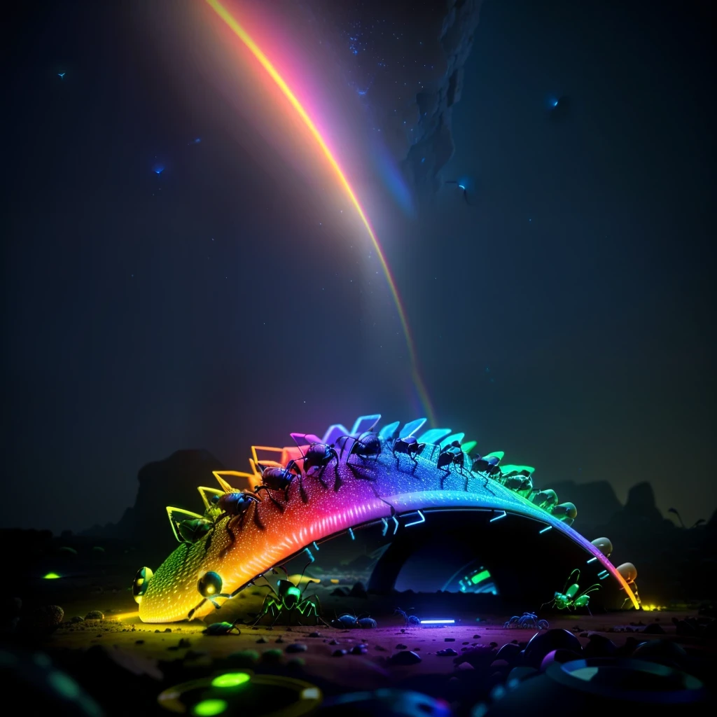 In this cute colony of ants, there are small ants in the surrounding environment.
A beautiful glowing rainbow in the sky.
Kingdom of Neon Avatar
Realistc
.3d
16k