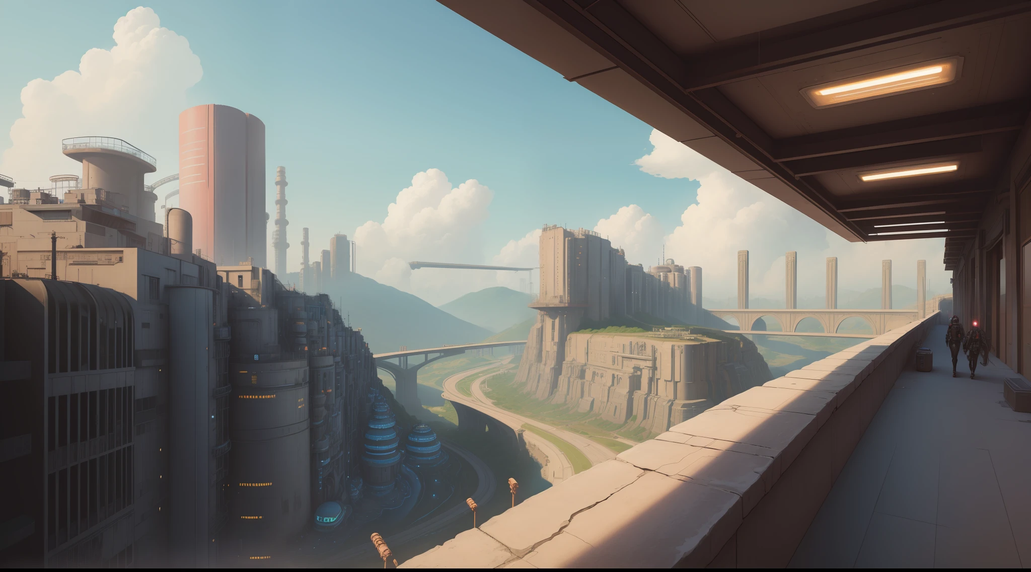 sci-fi cyberpunk city, bridges, deep ravine rift in the middle, terraced streets, reactors, breeder, oil refinery, cars, sunny days, industrial architecture, masterpiece, best quality, high detial, hyper realistic