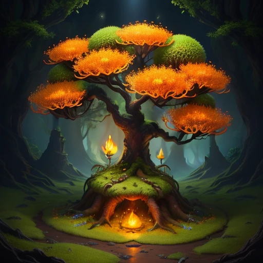 glowing dragon tooth, anthill, tree, beautiful, floral, orange flowers, moss balls, realistic