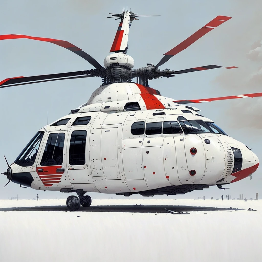 a close up of a white helicopter with a red and black stripe, by Scott Listfield, by Peter Elson, inspired by Scott Listfield, cgsociety 4k”, dan mcpharlin, helicopter, by Artur Tarnowski, by Simon Stålenhag, simon stälenhag, by Derek Hill, by Mathias Kollros
