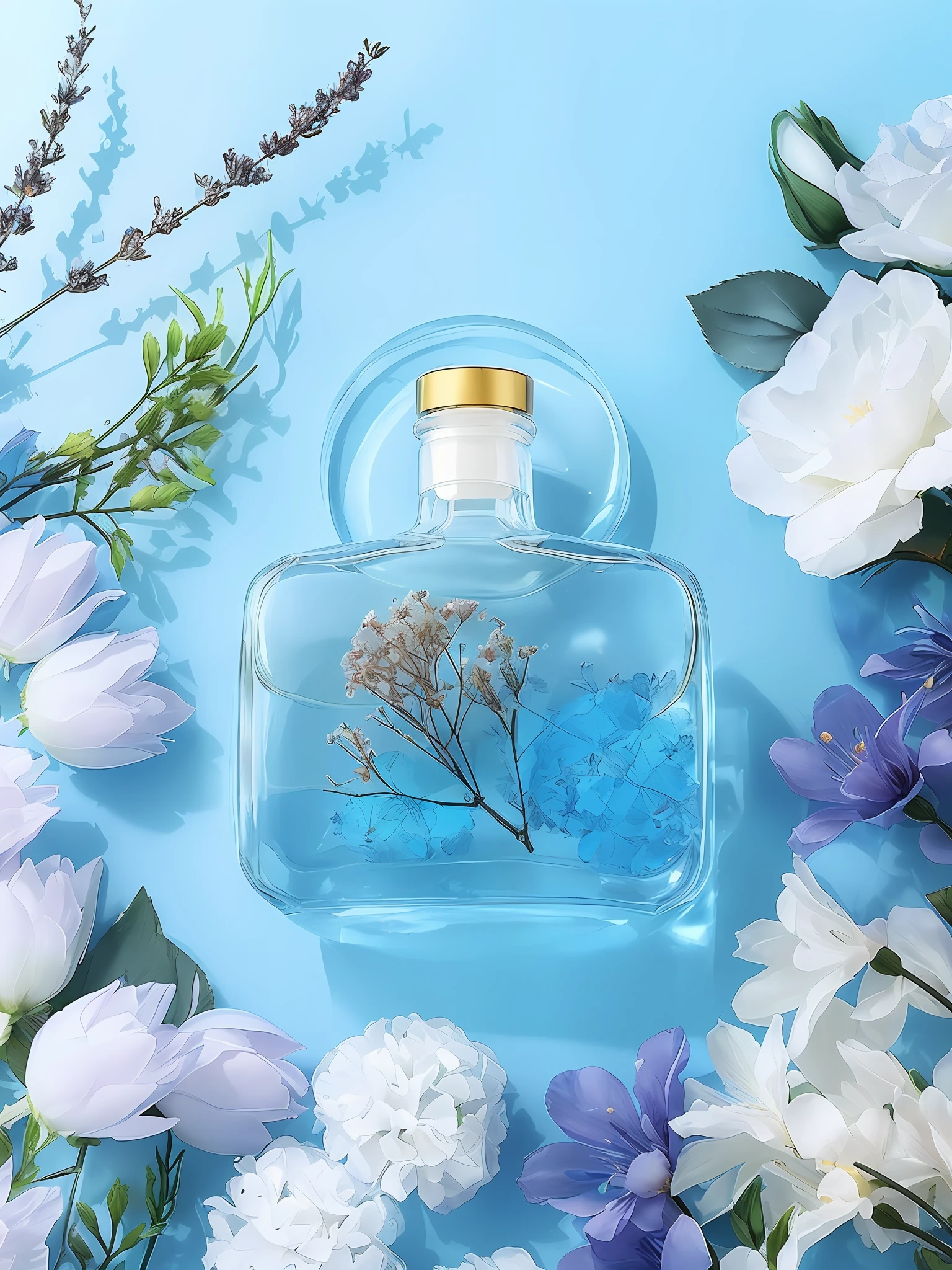 there is a bottle of perfume with flowers on a blue surface, floating in perfume, beautiful aesthetic, beautiful intricate glass bottle, transparent glass vase, product photography, femme, perfume bottle, glass bottle, professional product photography, transparent liquid, high quality product photography, blue - petals, fancy whiskey bottle, dreamscape in a jar, perfume, made of dried flowers