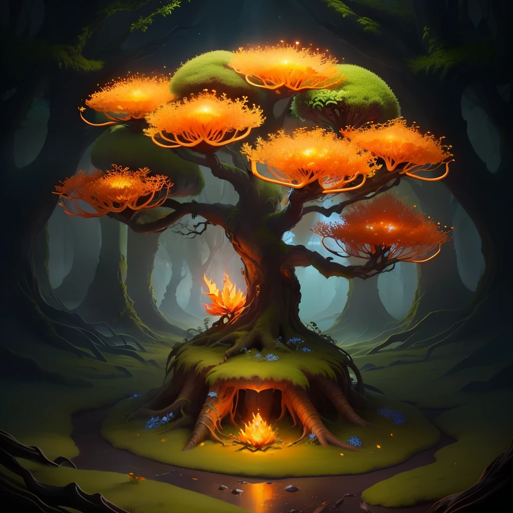 glowing dragon tooth, anthill, tree, beautiful, floral, orange flowers, moss balls, realistic