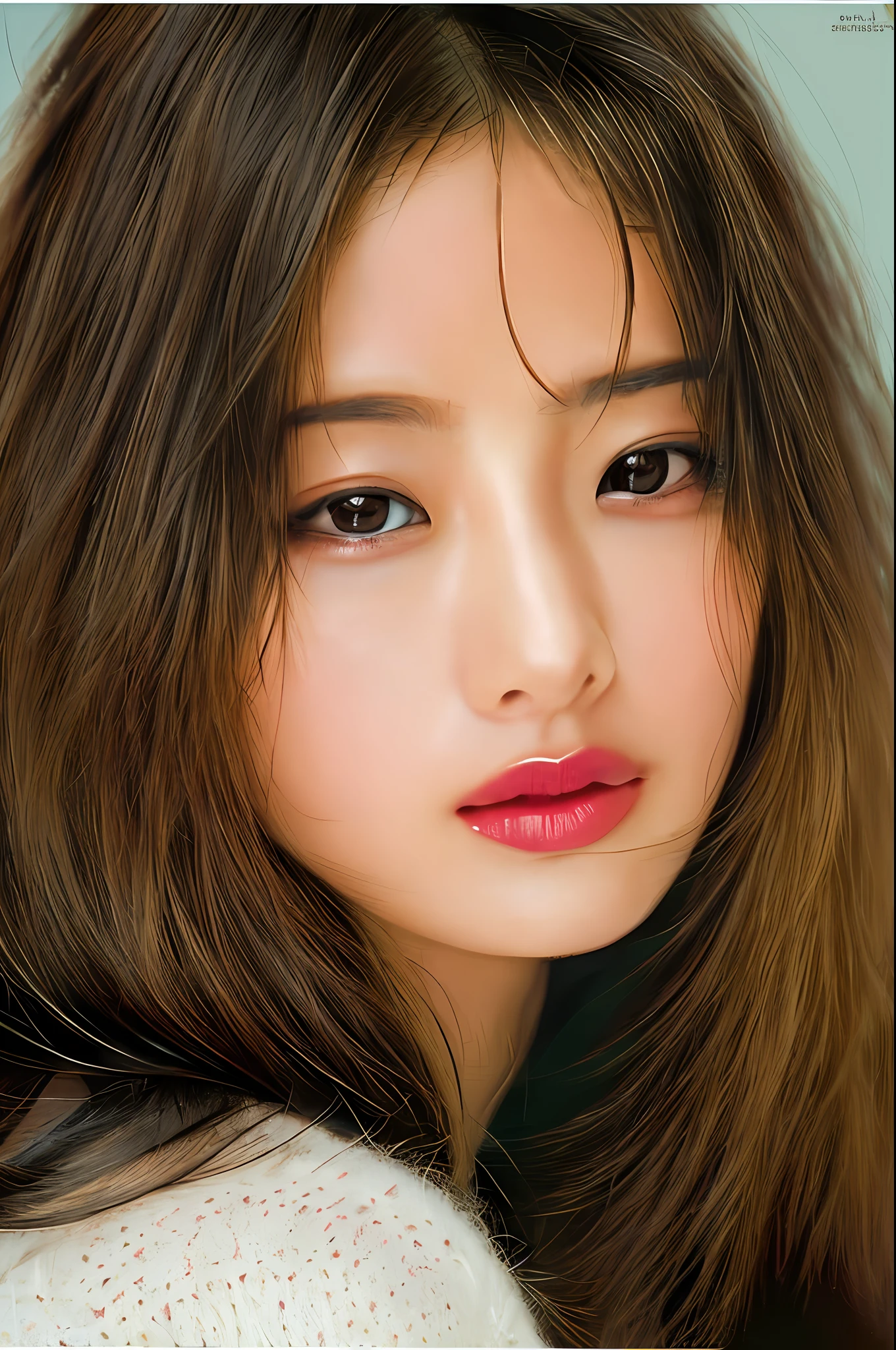 Stunning close-up portrait of a young and beautiful woman with RAW, analog style and impressive features. She must have long, flowing blonde hair, a seductive gaze, and a charming look. The background is neutral and simple, allowing the woman to be the focal point of the image. Pay attention to details, such as highlights and shadows on her face and hair, to create realistic and realistic images. Experiment with different lighting techniques to enhance the mood and atmosphere of your portrait. The final product should be a masterpiece that captures the essence and beauty of women ((Highly detailed skin, skin details)), Sharp Focus, Volumetric Fog, 8K, UHD, DSLR, High Quality, Film Grain, Fujifilm XT3