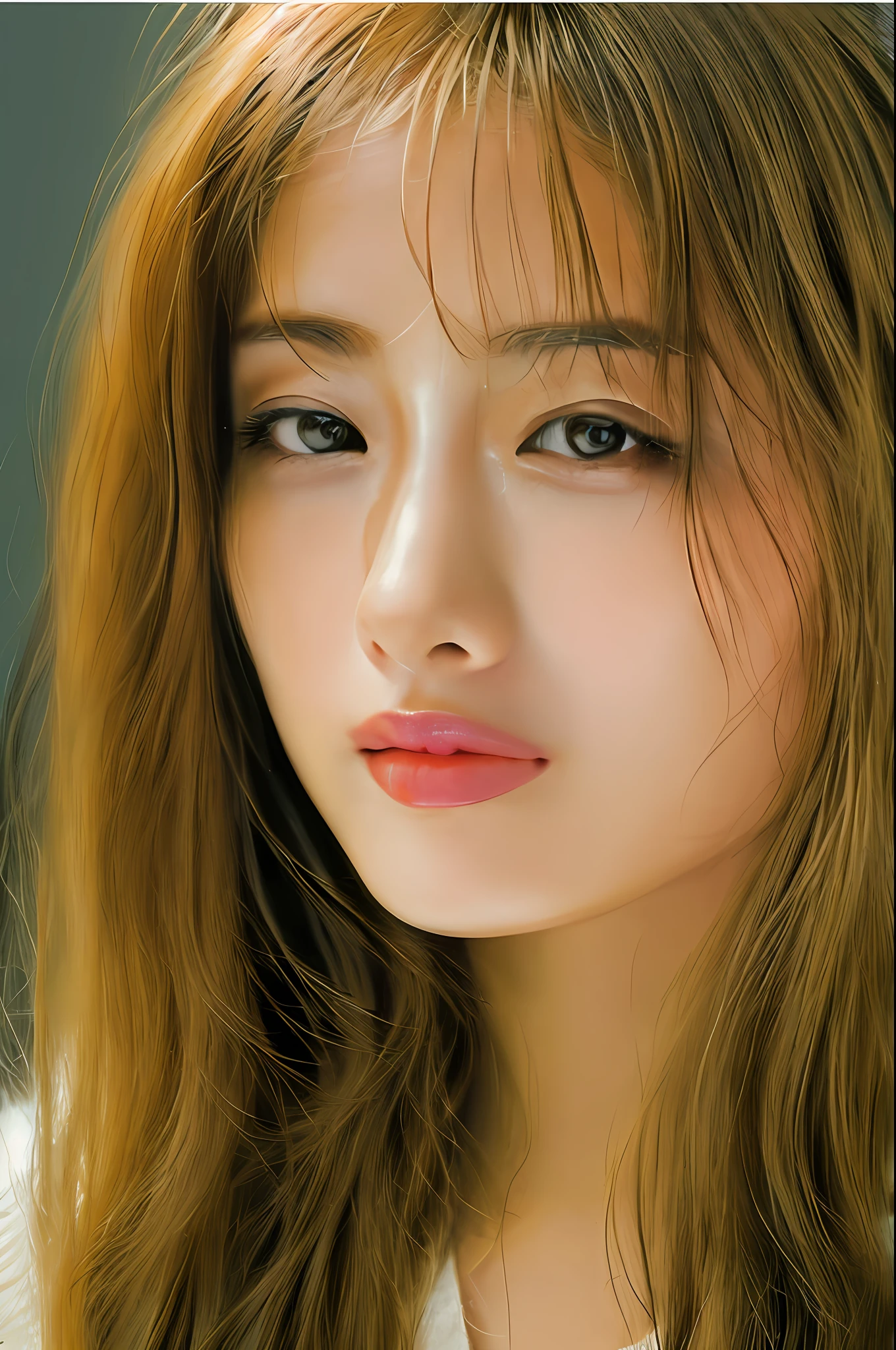 Stunning close-up portrait of a young and beautiful woman with RAW, analog style and impressive features. She must have long, flowing blonde hair, a seductive gaze, and a charming look. The background is neutral and simple, allowing the woman to be the focal point of the image. Pay attention to details, such as highlights and shadows on her face and hair, to create realistic and realistic images. Experiment with different lighting techniques to enhance the mood and atmosphere of your portrait. The final product should be a masterpiece that captures the essence and beauty of women ((Highly detailed skin, skin details)), Sharp Focus, Volumetric Fog, 8K, UHD, DSLR, High Quality, Film Grain, Fujifilm XT3