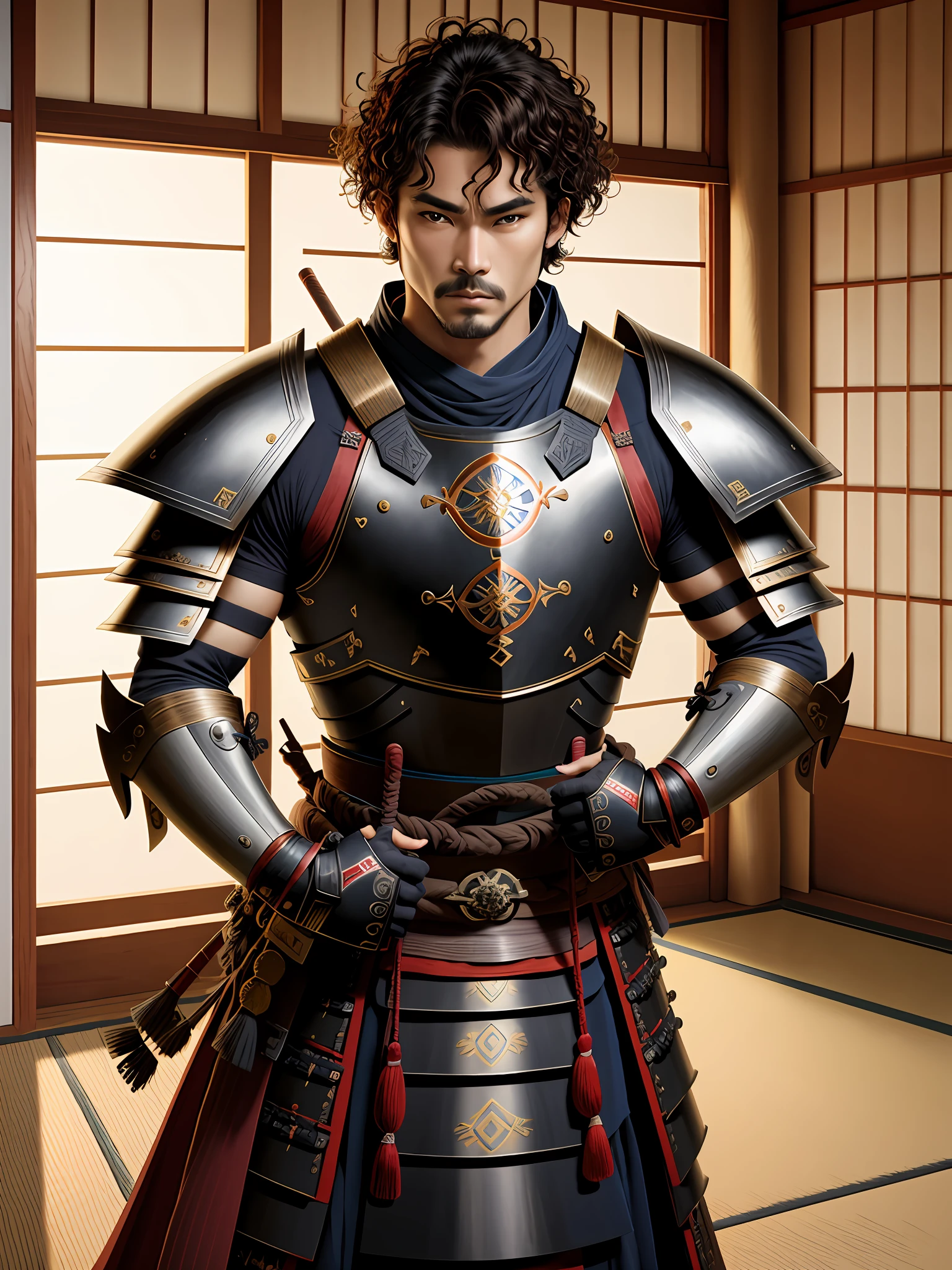 1 Warrior man in Japanese castle, wearing samurai armor, short curly hair, drop shadow, halftone, vanishing point, diffraction peaks, f/1.8, Nikon, high detail, UHD, masterpiece, best quality, highres, 16k