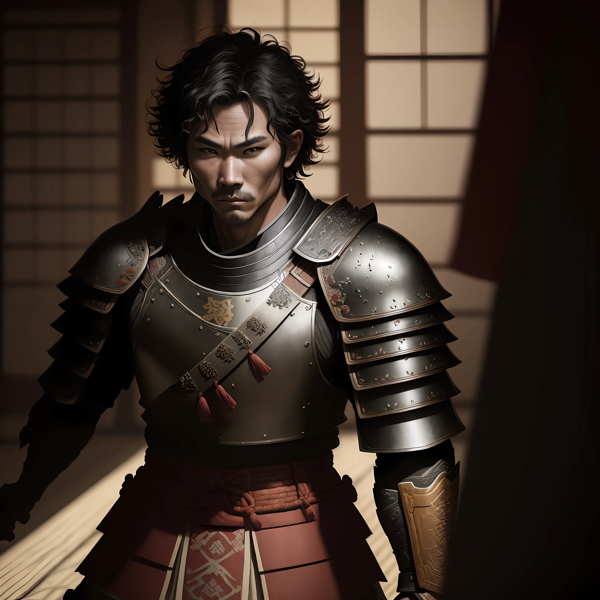 1 Warrior man in Japanese castle, wearing samurai armor, short curly hair, drop shadow, halftone, vanishing point, diffraction peaks, f/1.8, Nikon, high detail, UHD, masterpiece, best quality, highres, 16k