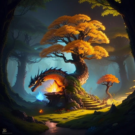 glowing dragon tooth, anthill, tree, beautiful, floral, orange flowers, moss balls, realistic