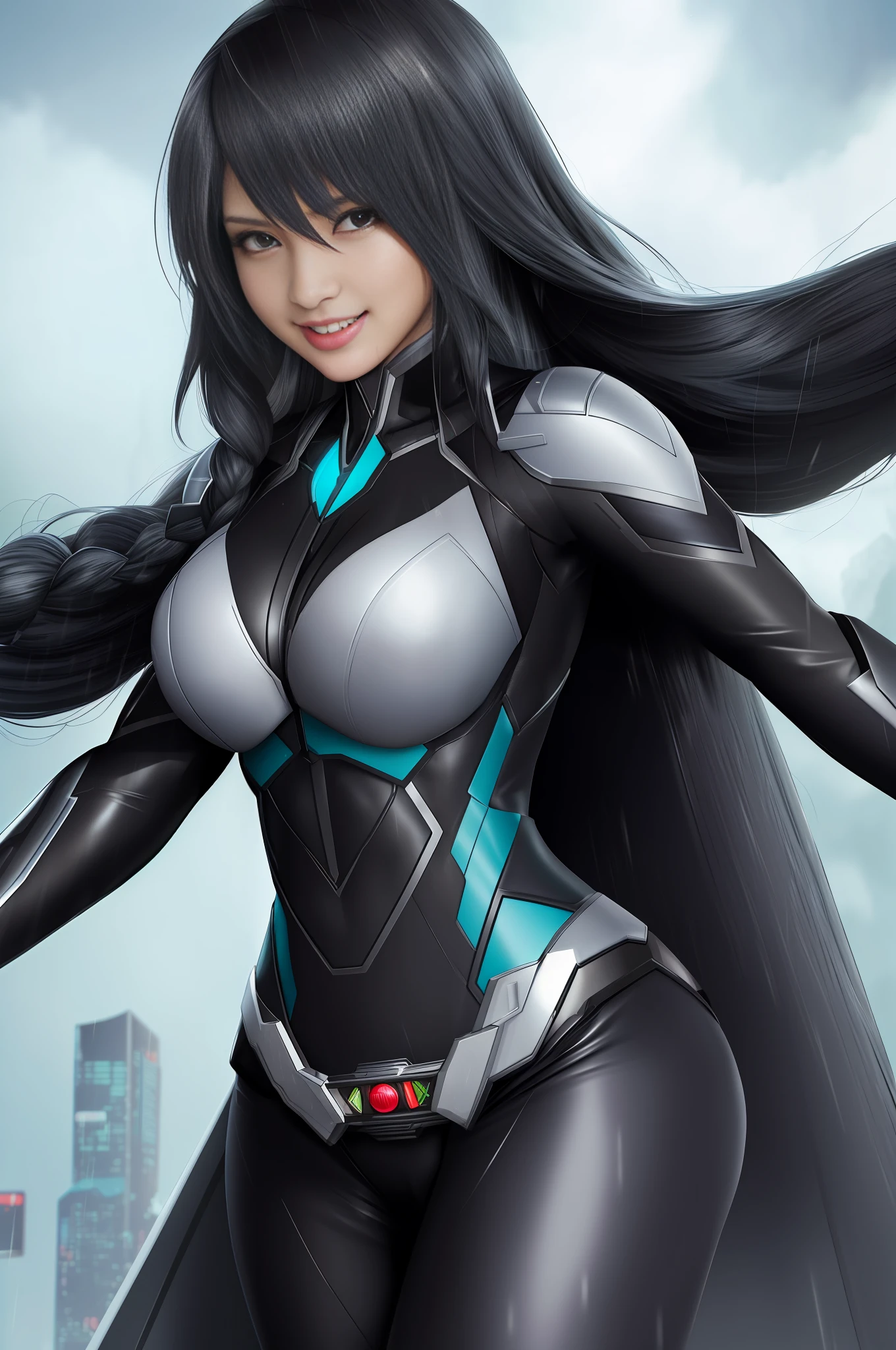 1 woman/Kamen Rider/Batman/Mega Man-x, Max resolution/detail/quality/sharpness. Unreal Engine 5, Disney/Anime style, Mortal Kombat/Kamen Rider Universe, she has long flowing hair with braids, breasts1, huge, extremely tight clothing on the body, looking at the viewer, smiling, Fight position, closed fists, in a futuristic city all destroyed raining heavily, body all wet.