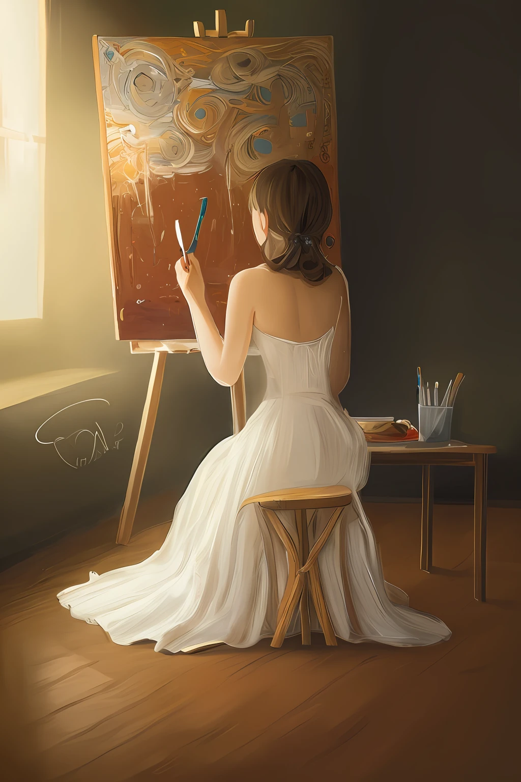 A girl painting on a chair