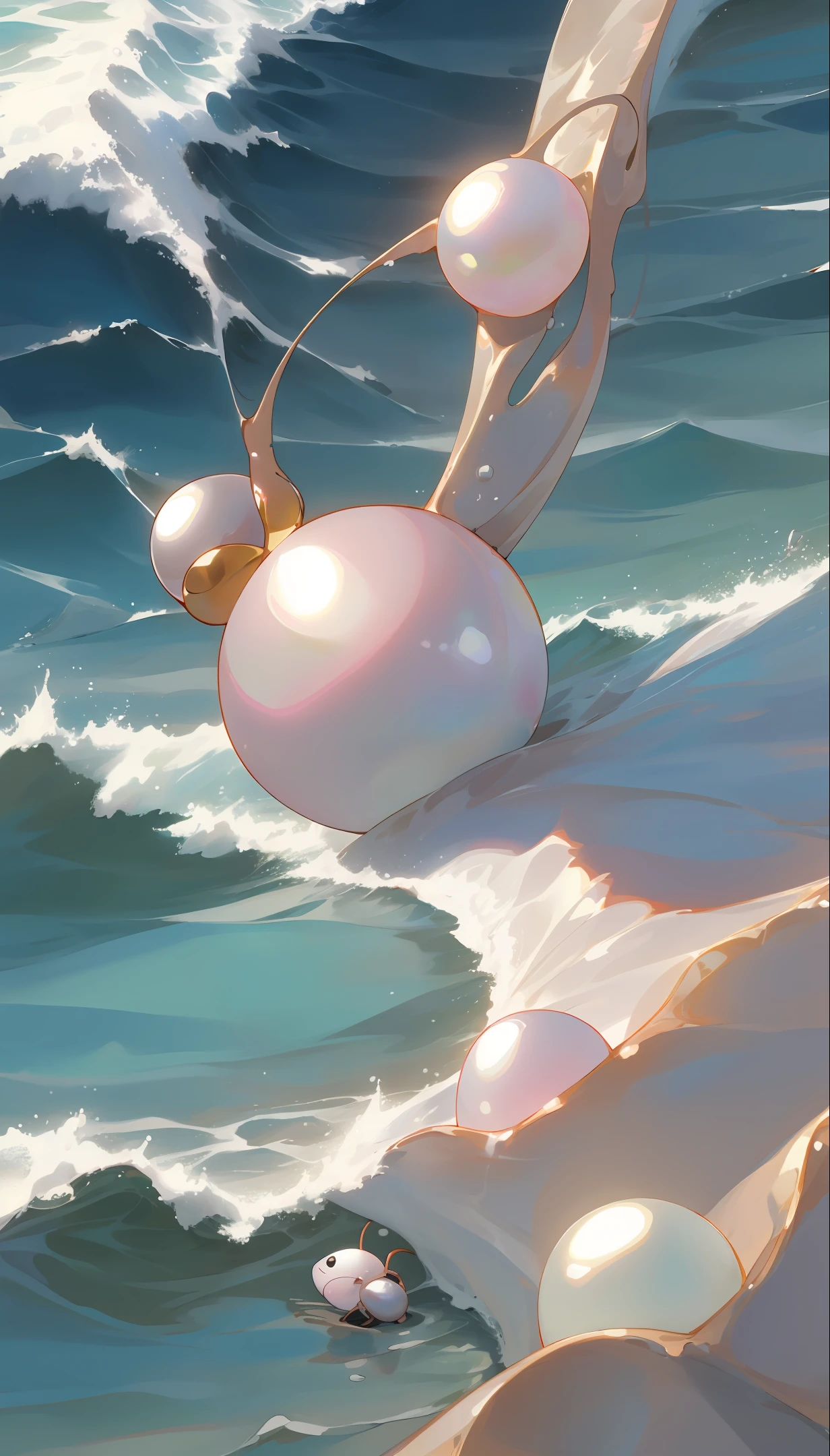 a pearl by the ocean sorrounded by waves and with an ant on top the pearl