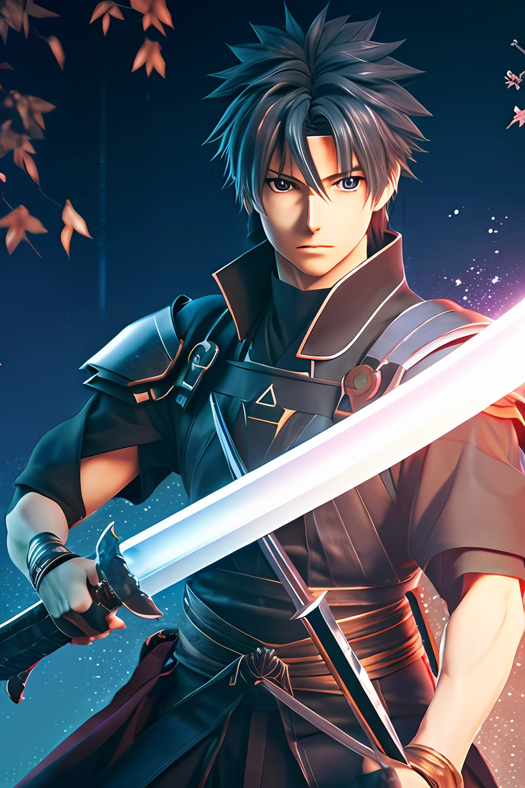 an anime character with a sword in his hand, concept art by baiōken eishun, cg society, rayonism, official art, toonami, dynamic pose, a professional movie photograph of, best quality, high quality, highres, highly detailed, cinematic lighting