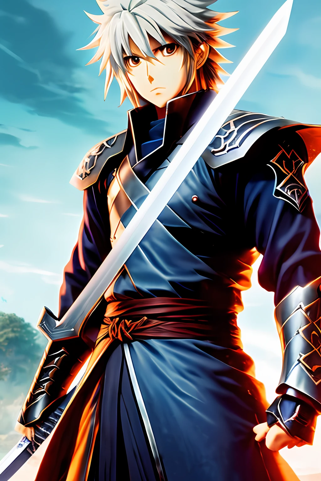an anime character with a sword in his hand, concept art by baiōken eishun, cg society, rayonism, official art, toonami, dynamic pose, a professional movie photograph of, best quality, high quality, highres, highly detailed, cinematic lighting