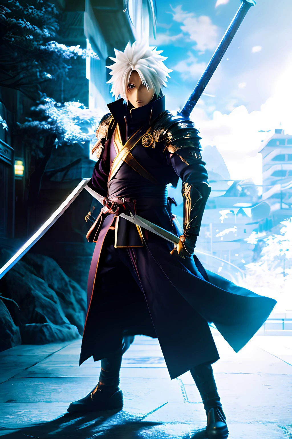 an anime character with a sword in his hand, concept art by baiōken eishun, cg society, rayonism, official art, toonami, dynamic pose, a professional movie photograph of, best quality, high quality, highres, highly detailed, cinematic lighting