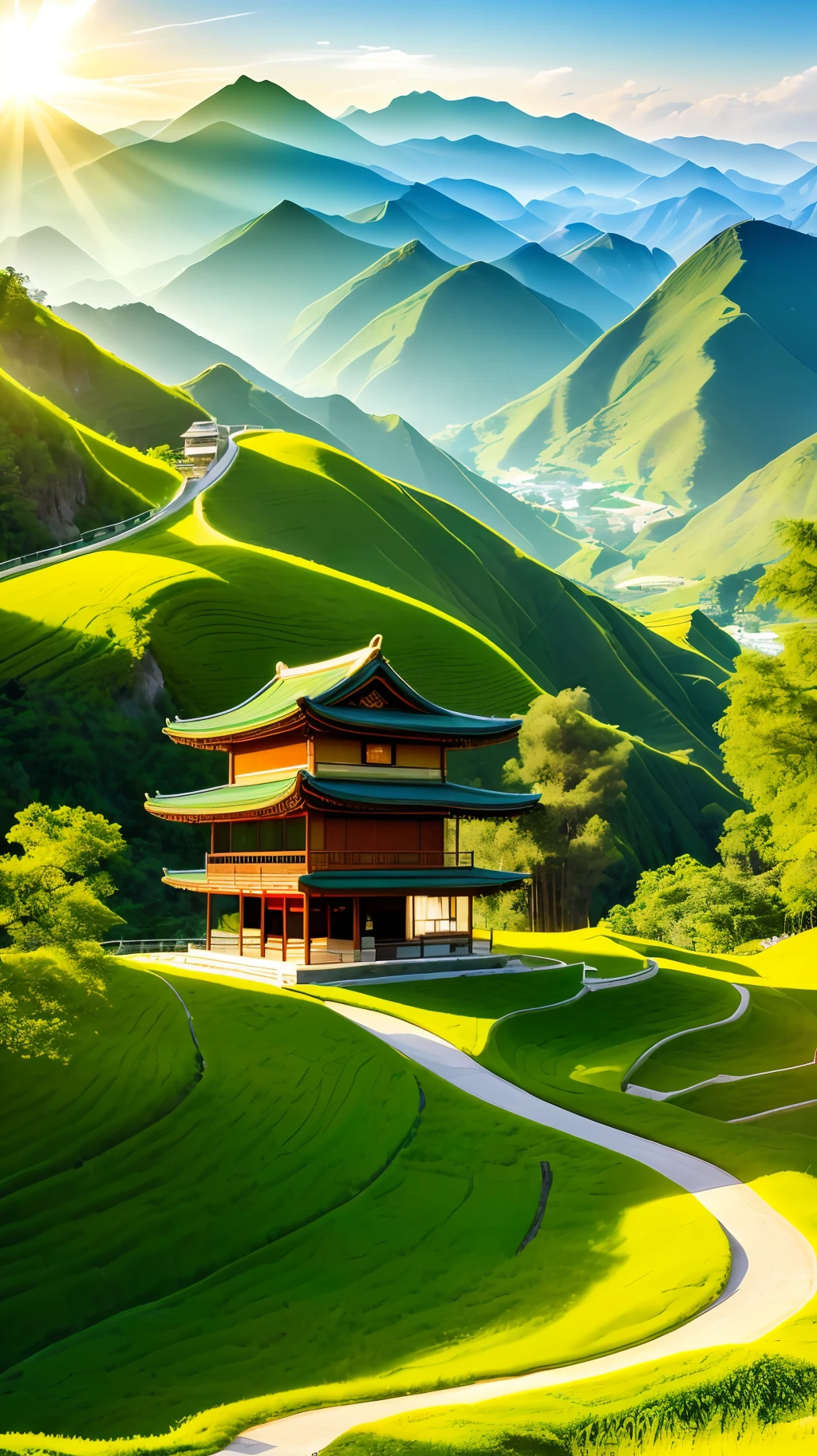 On a sunny day, the morning sun shines on the light green mountain top, the tender green bamboo forest, the small wooden house with Chinese characteristics, the light green willow, the light green grass, the high-definition view, the ultra-wide angle, the real ultra-clear details, shock, aestheticism, fantasy, surrealism. Romantic, 8k, hd ultra detail --ar 9:16 --v 4