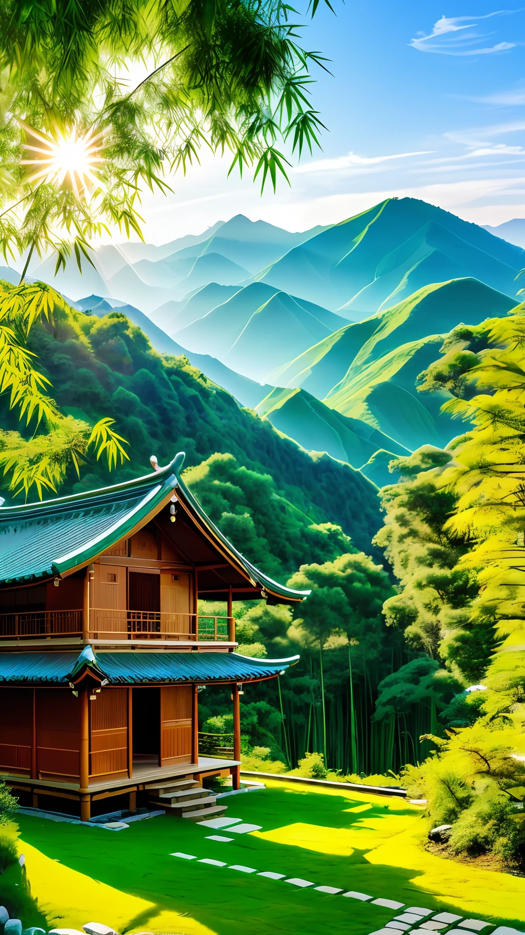 On a sunny day, the morning sun shines on the light green mountain top, the tender green bamboo forest, the small wooden house with Chinese characteristics, the light green willow, the light green grass, the high-definition view, the ultra-wide angle, the real ultra-clear details, shock, aestheticism, fantasy, surrealism. Romantic, 8k, hd ultra detail --ar 9:16 --v 4