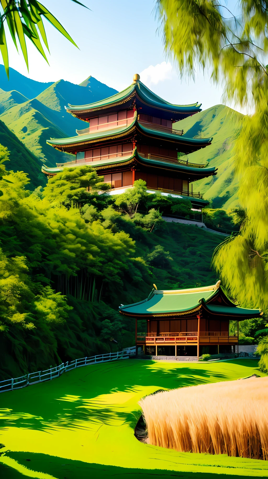 On a sunny day, the morning sun shines on the light green mountain top, the tender green bamboo forest, the small wooden house with Chinese characteristics, the light green willow, the light green grass, the high-definition view, the ultra-wide angle, the real ultra-clear details, shock, aestheticism, fantasy, surrealism. Romantic, 8k, hd ultra detail --ar 9:16 --v 4