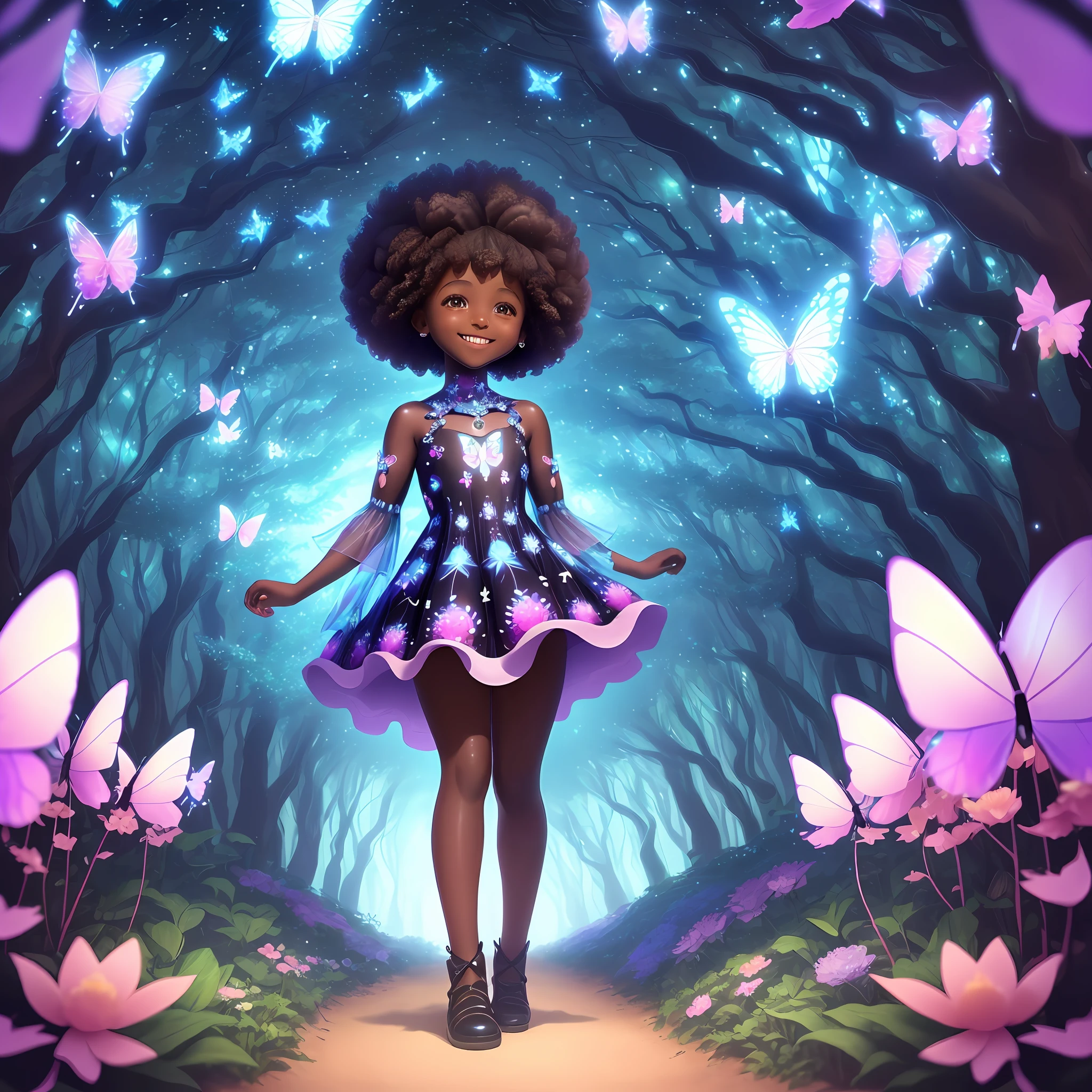 A cute 5-year-old girl,((dark skin color)) afro-futuristic, carton, smiling entering a magical forest, this forest has ((flowers)), ((crystals)), ((butterflies)). ((colorful dress)), 4k, 8k soft lighting, --iso 100 dreamer,